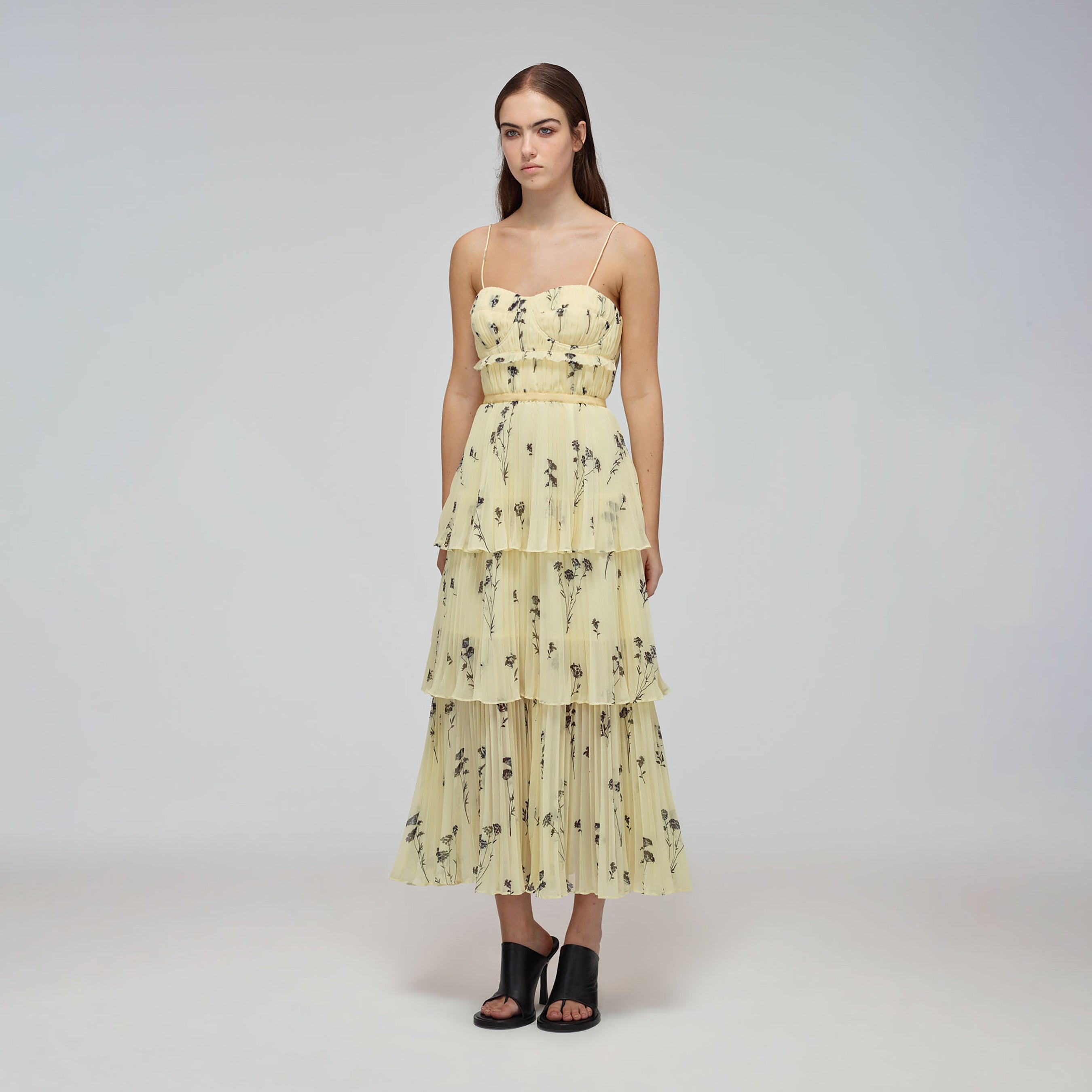 Yellow Floral Silhouette Chiffon Tiered Midi Dress