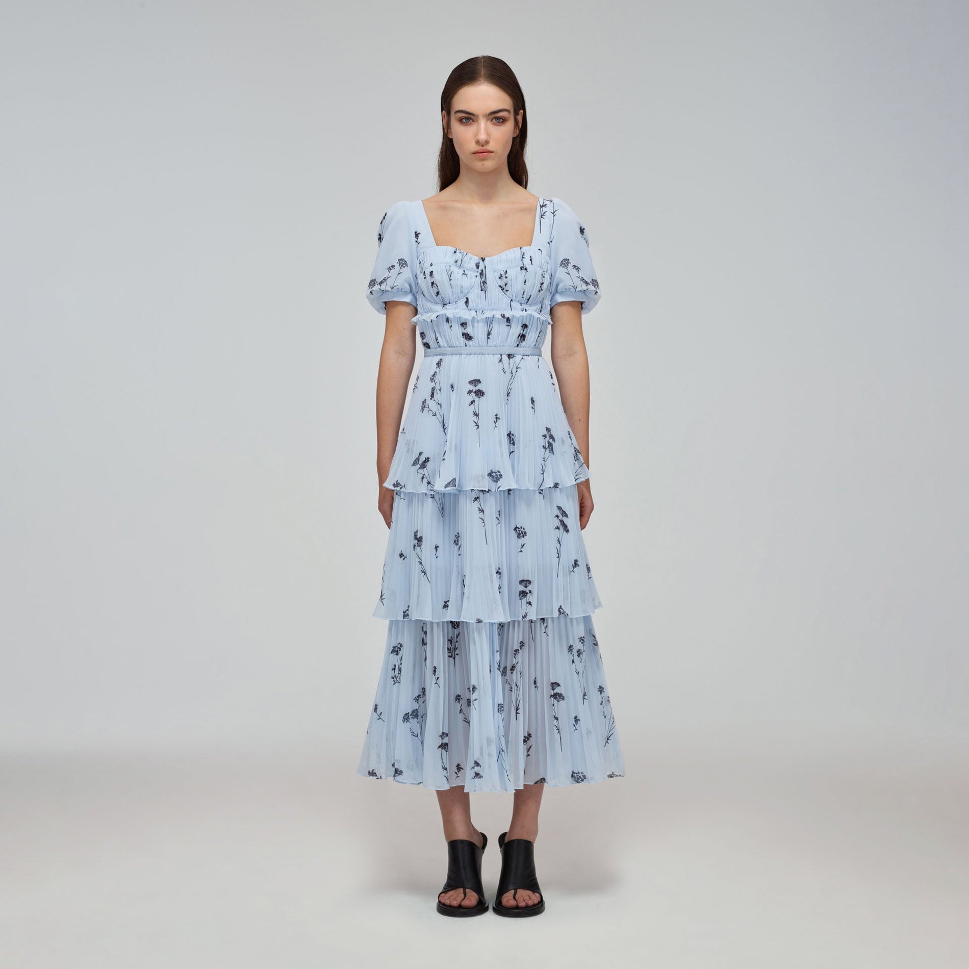 Blue Floral Silhouette Chiffon Tiered Midi Dress