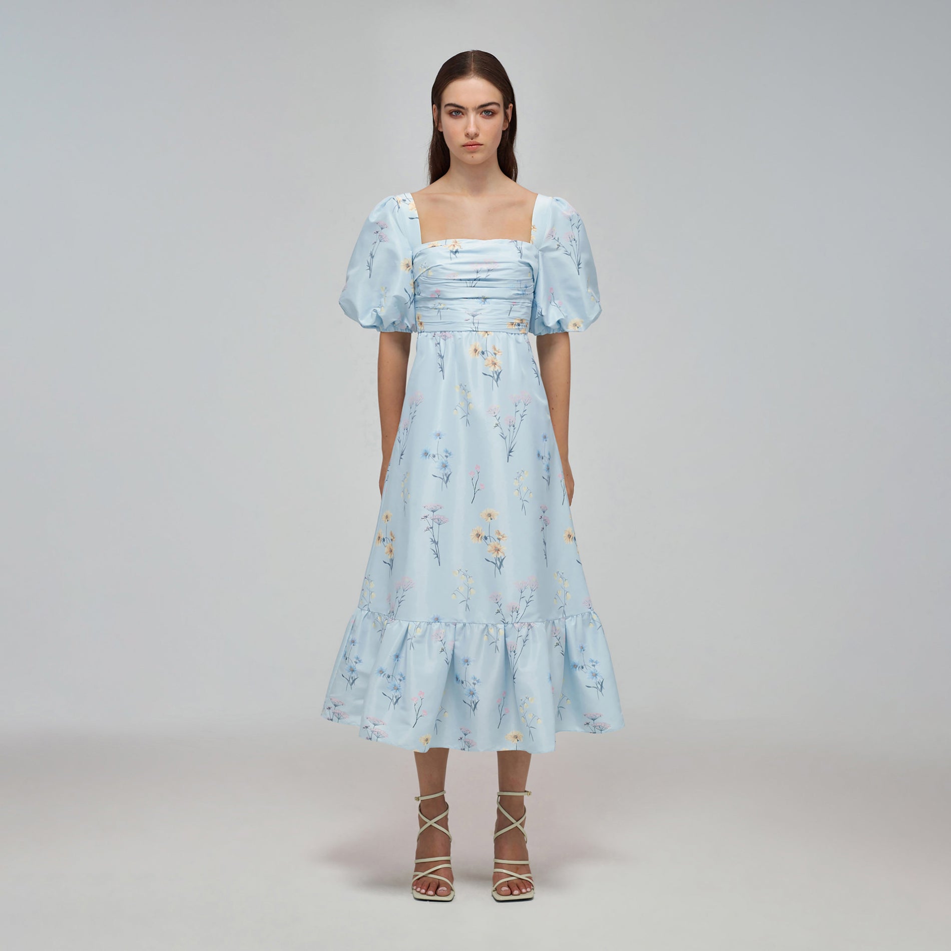 Blue Floral Watercolour Taffeta Midi Dress