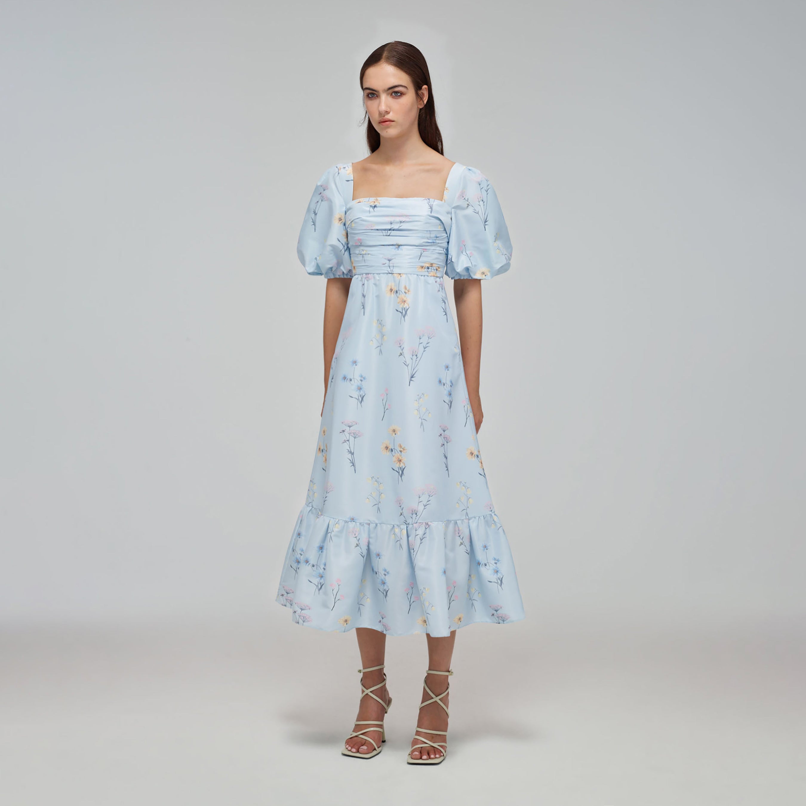 Blue Floral Watercolour Taffeta Midi Dress