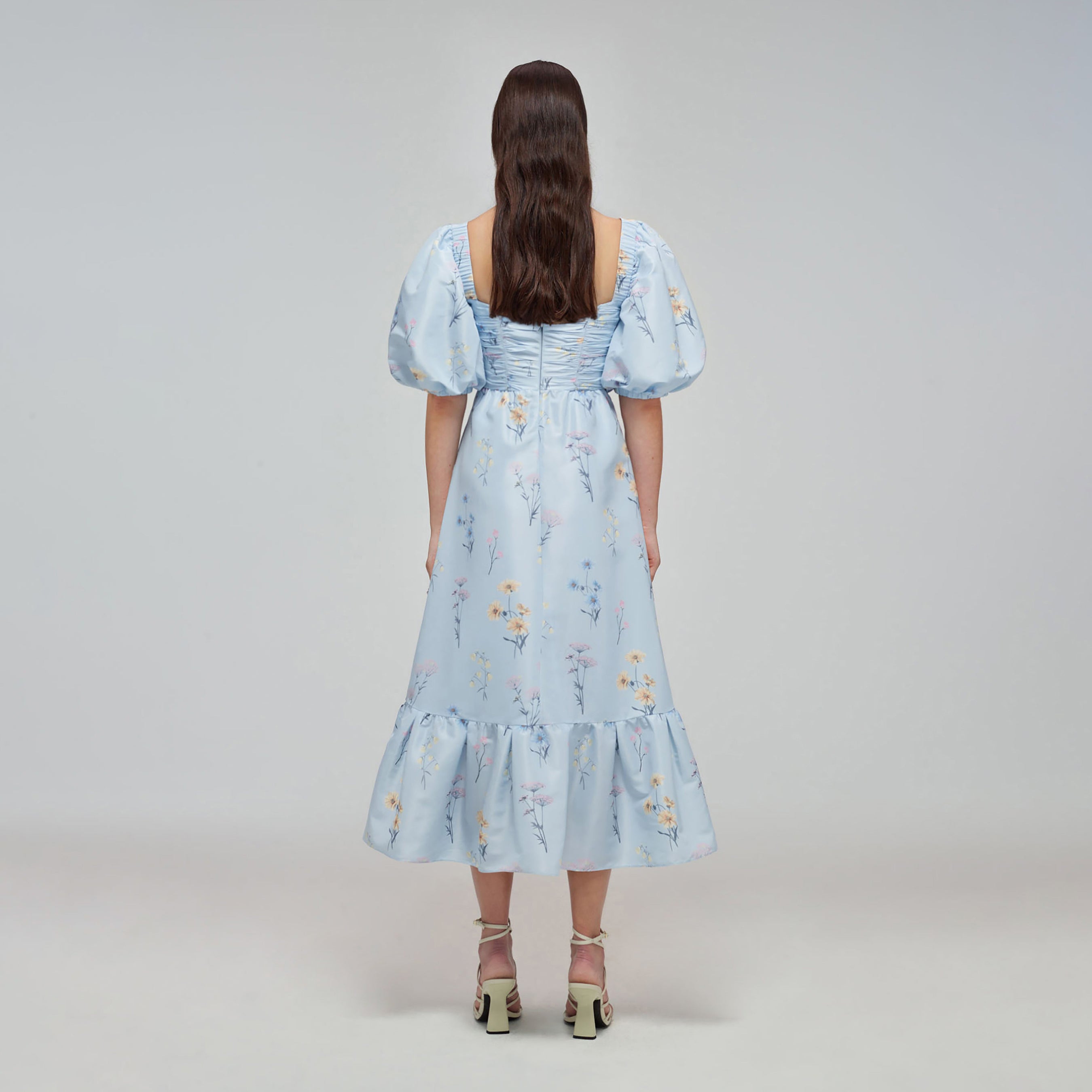 Blue Floral Watercolour Taffeta Midi Dress