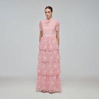 Pink Tiered Guipure Lace Maxi Dress