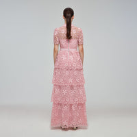 Pink Tiered Guipure Lace Maxi Dress