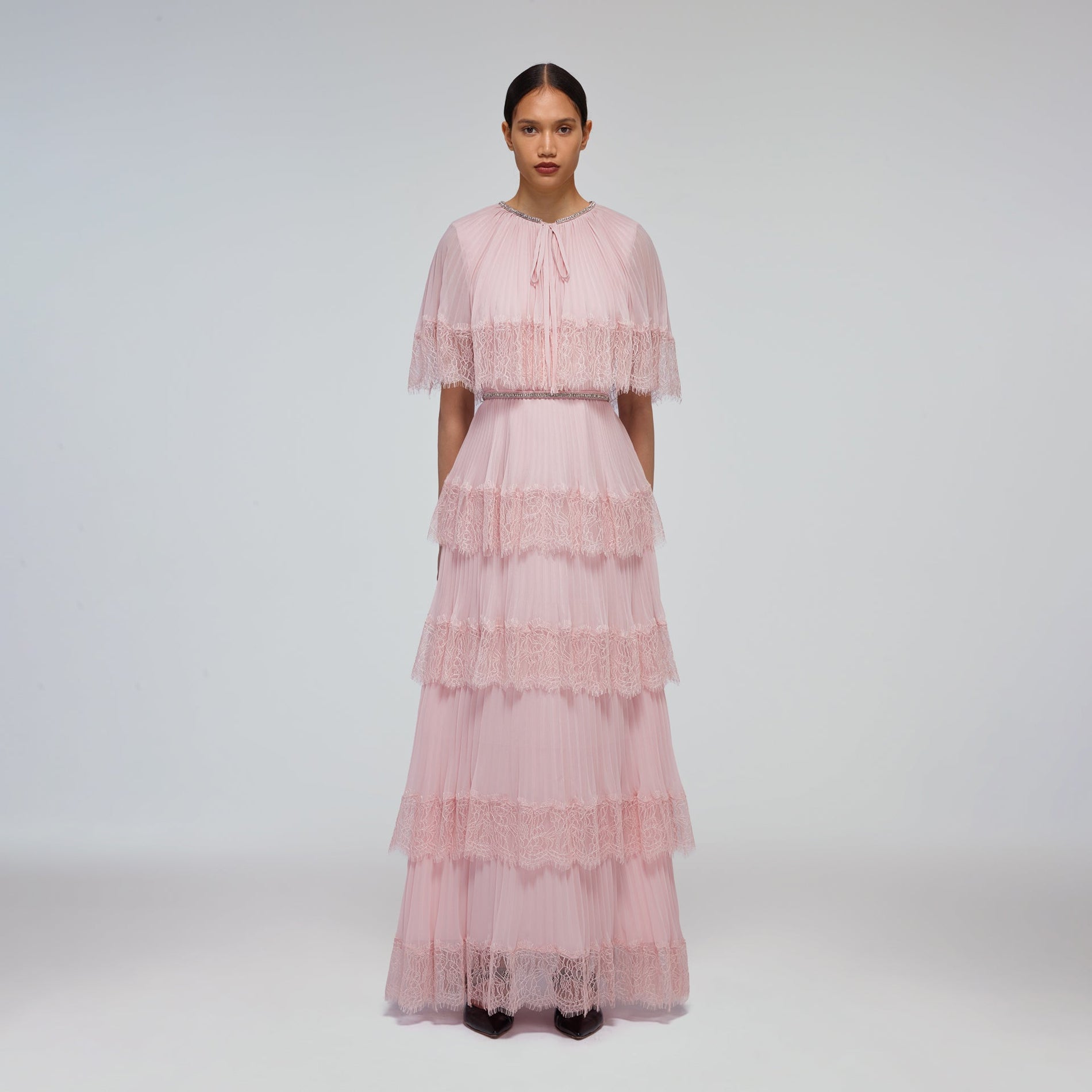 Pink Tiered Chiffon Cape Maxi Dress