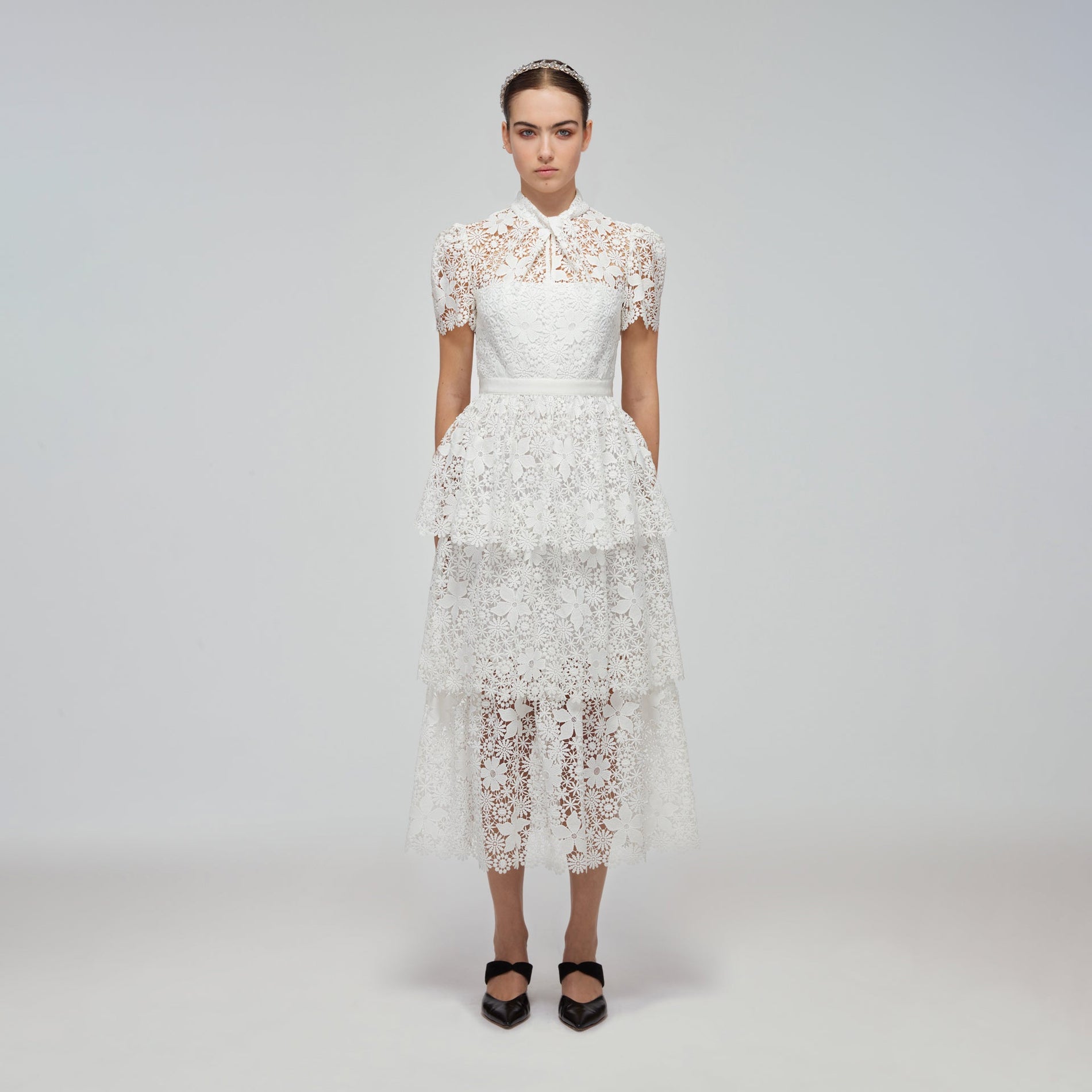 White Guipure Lace Tiered Midi Dress