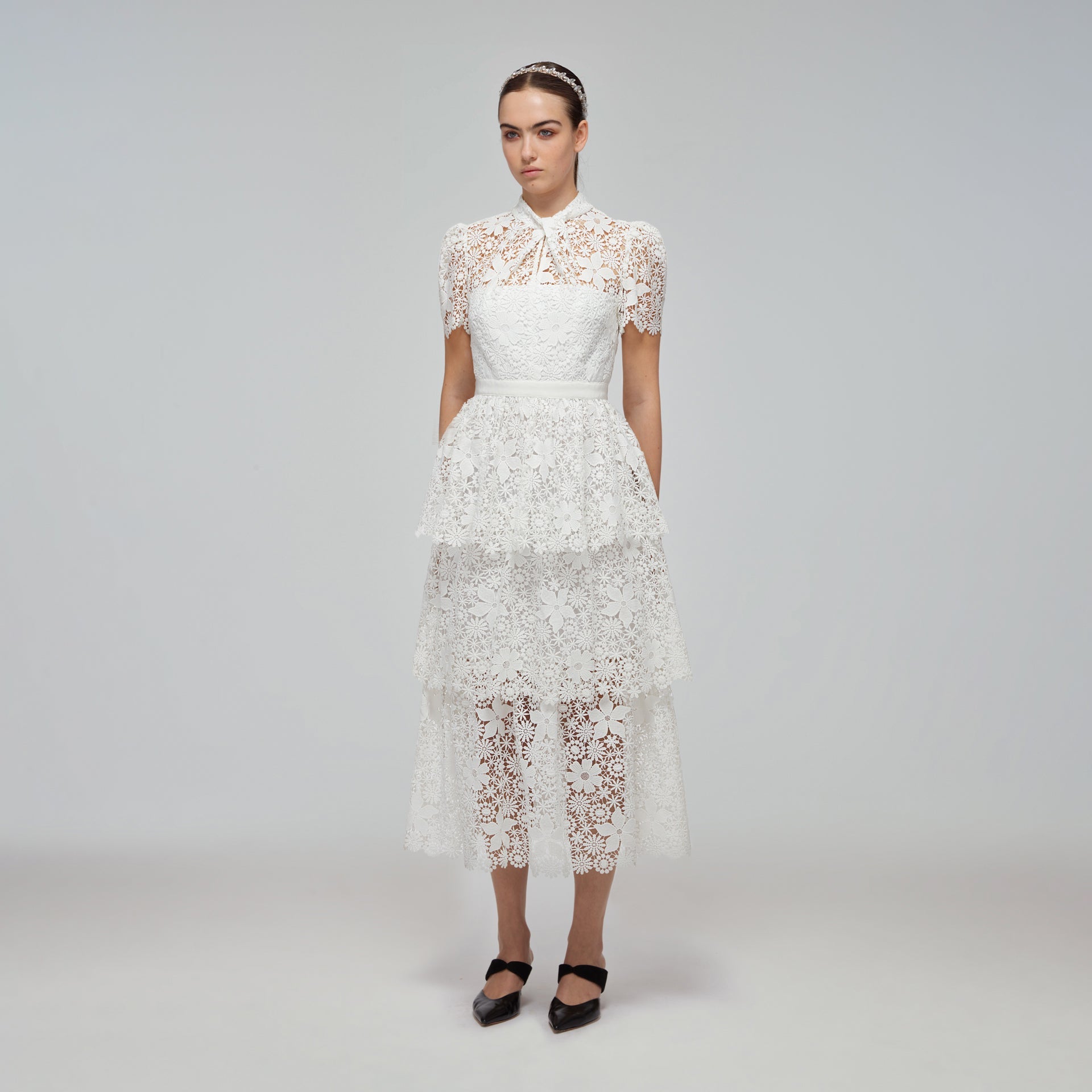 White Guipure Lace Tiered Midi Dress