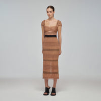 Tan Dot Mesh Shirred Midi Dress