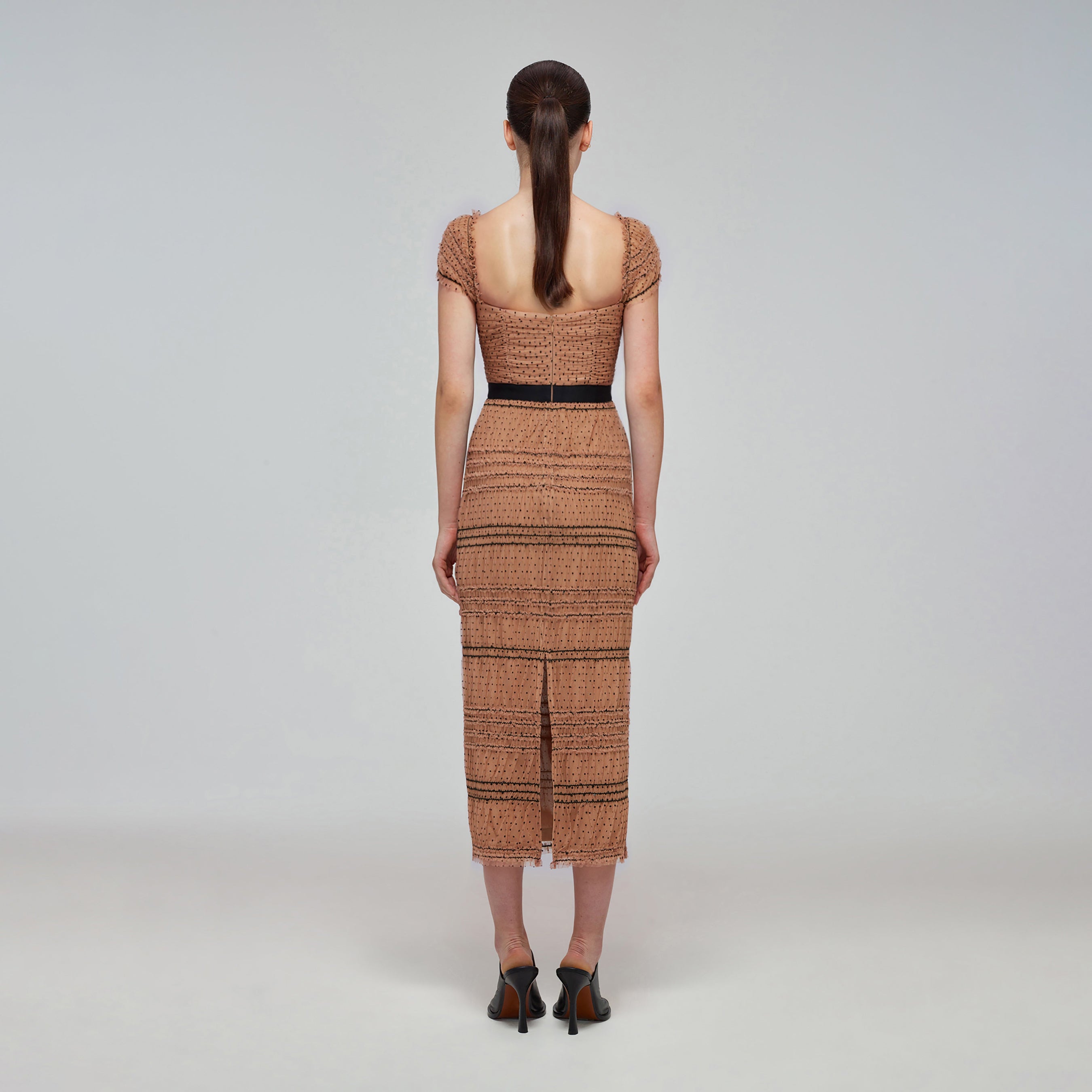 Tan Dot Mesh Shirred Midi Dress