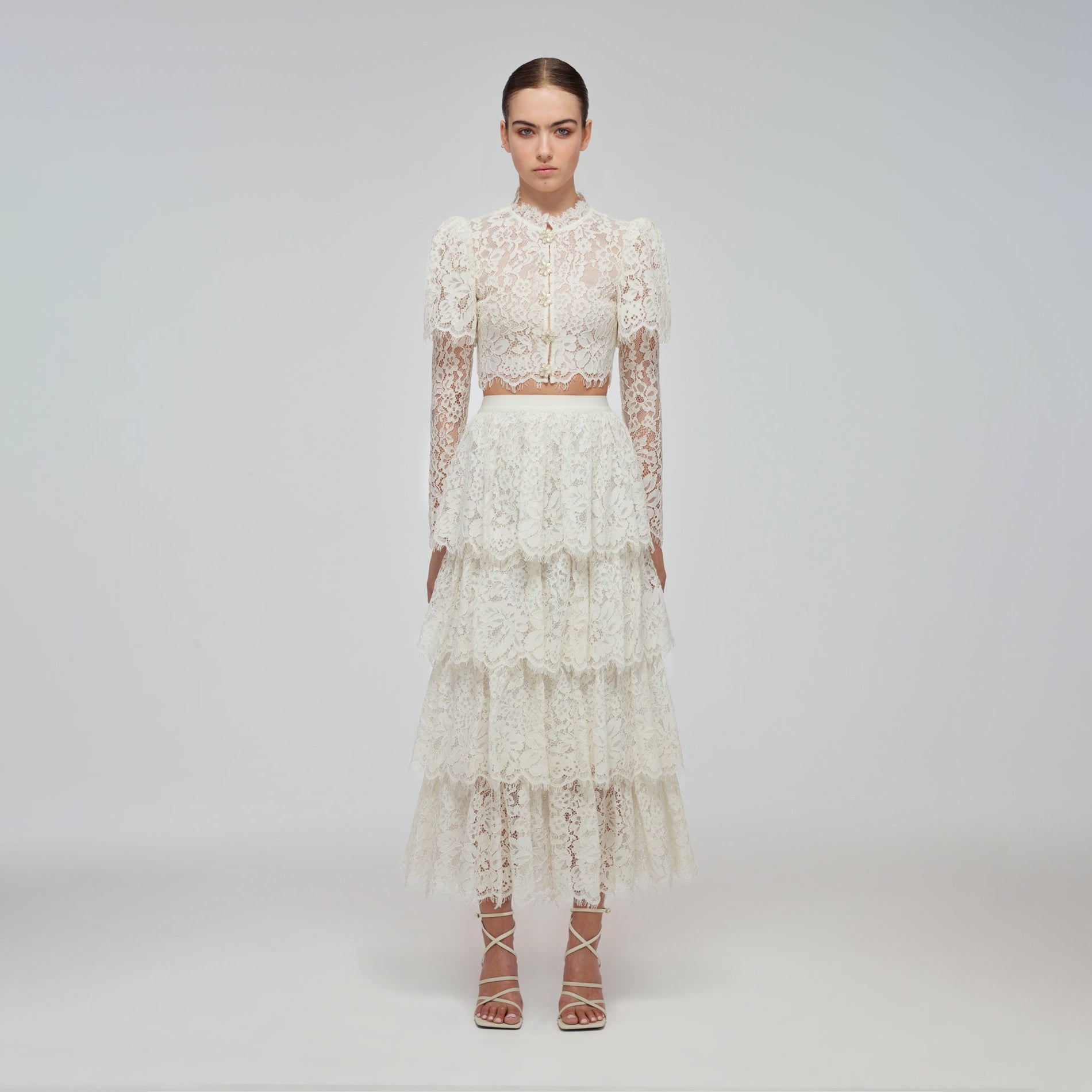 Ivory Corded Lace Tiered Midi Skirt