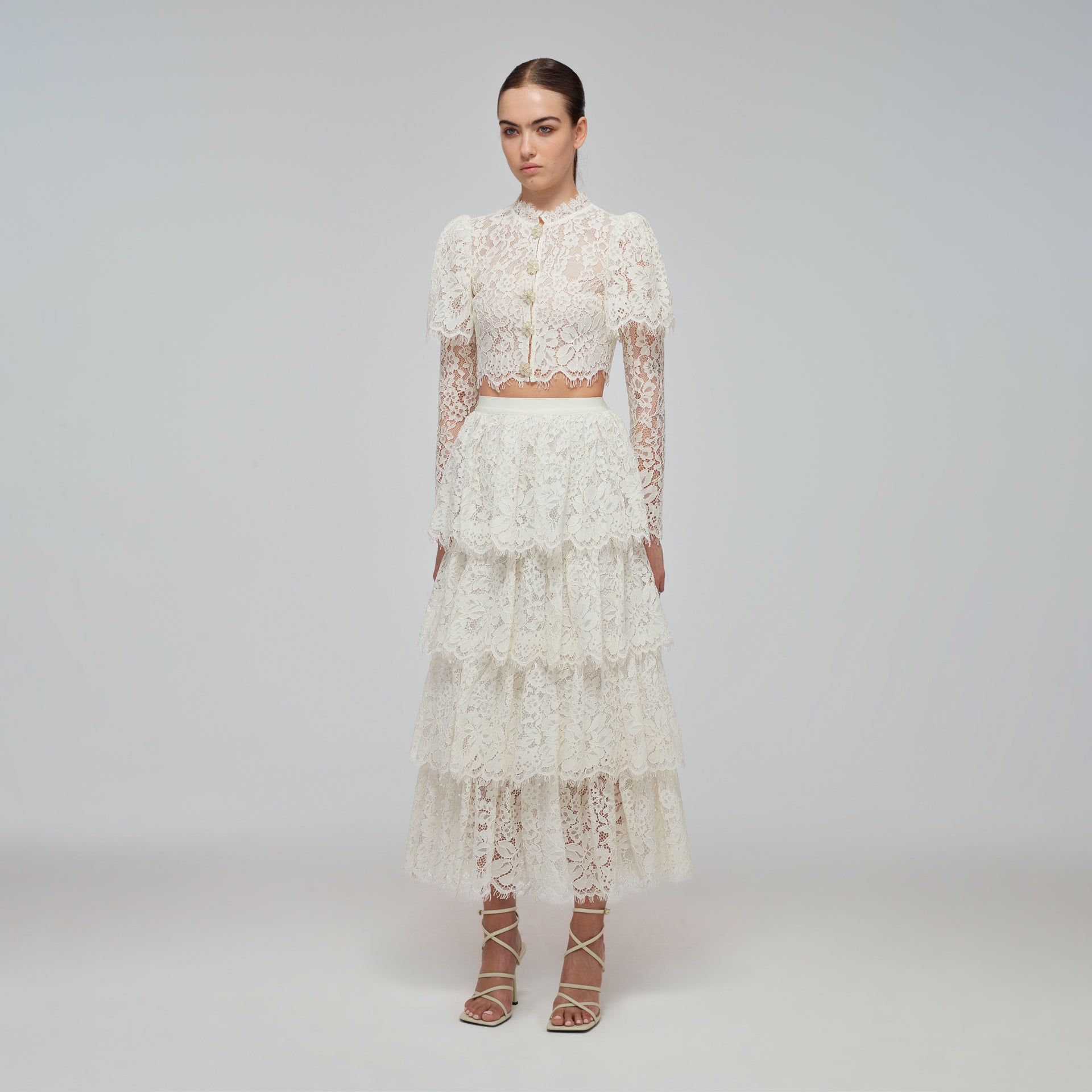 Ivory Corded Lace Tiered Midi Skirt