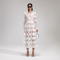 White 3D Cotton Lace Midi Dress