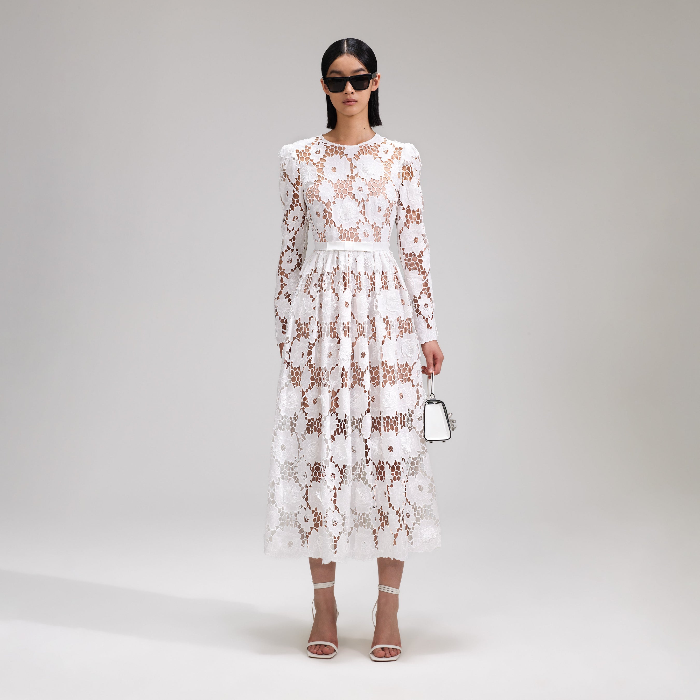 White 3D Cotton Lace Midi Dress