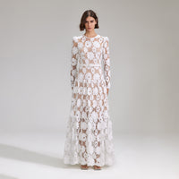 White 3D Cotton Lace Maxi Dress