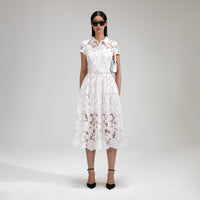 White 3D Cotton Lace Collar Midi Dress