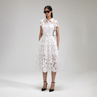 White 3D Cotton Lace Collar Midi Dress