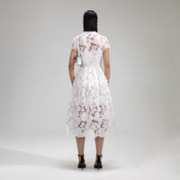 White 3D Cotton Lace Collar Midi Dress