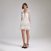 Cream Chiffon Lace Tiered Mini Dress
