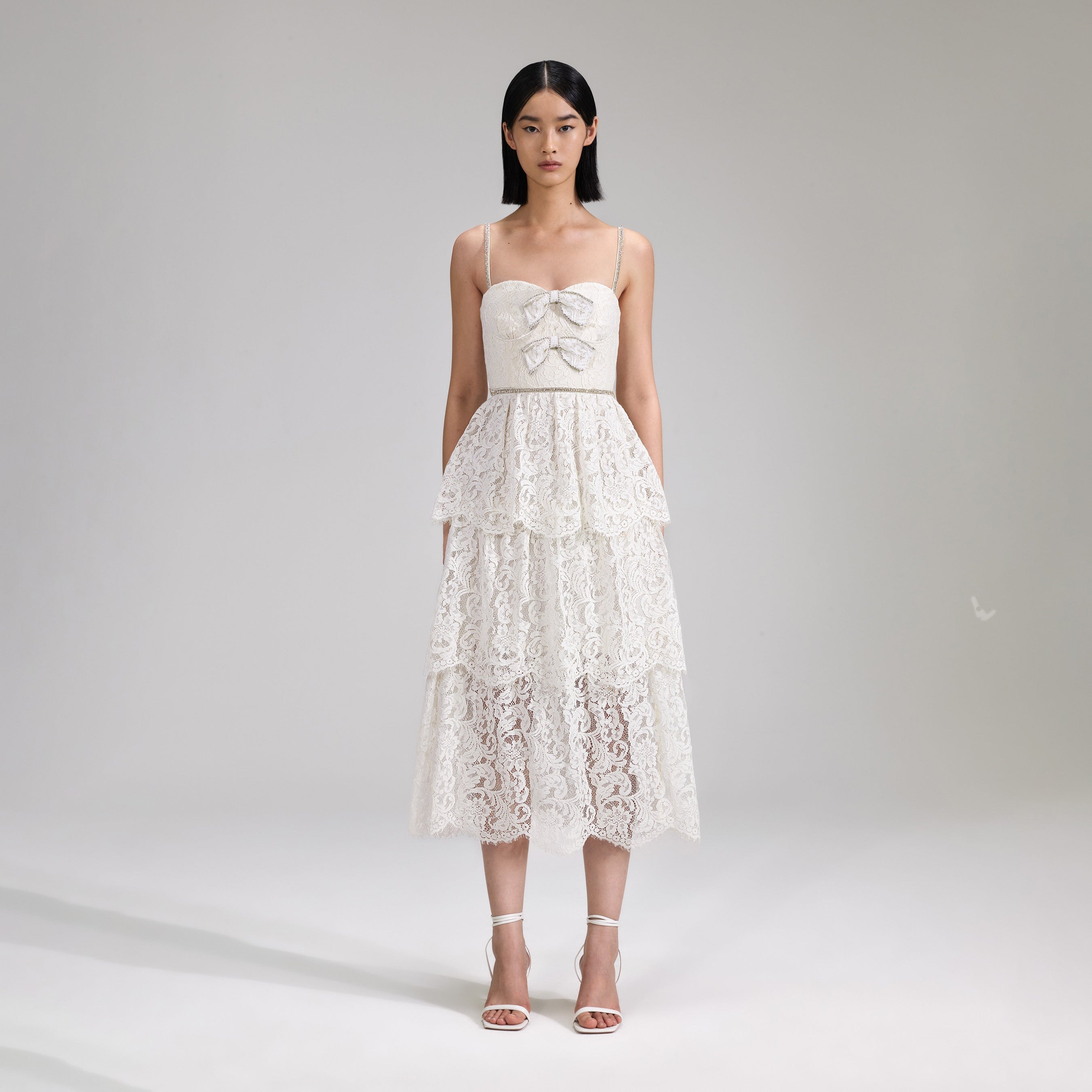 Cream Cord Lace Tiered Midi Dress