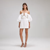 White Bonded Crepe Puff Sleeve Mini Dress