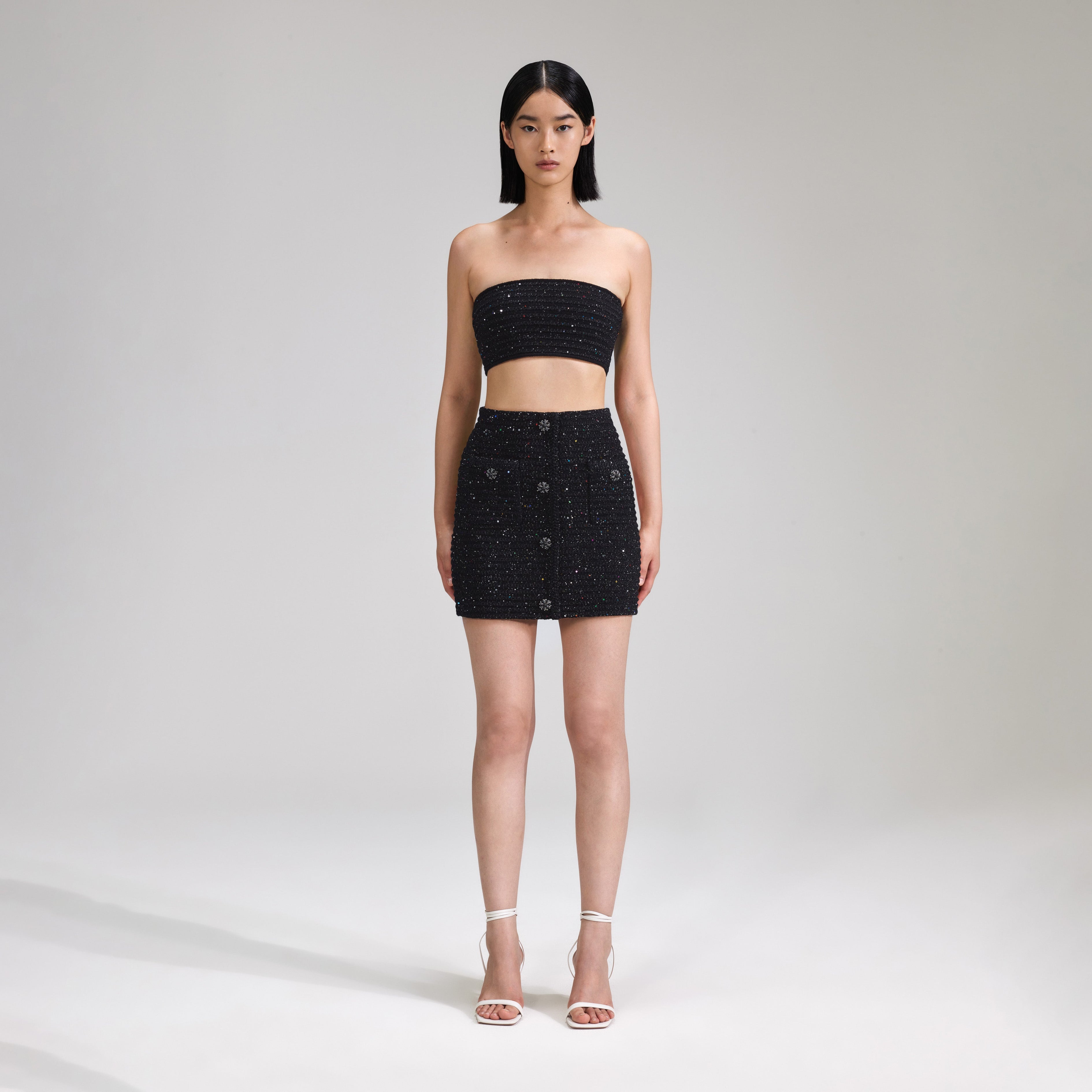 Black Sequin Knit Bandeau Top