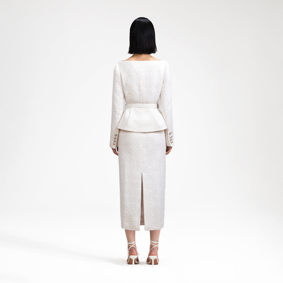 Jules | Cream Broderie High-Neck Tailored Midi Dress With Puff-Sleeves