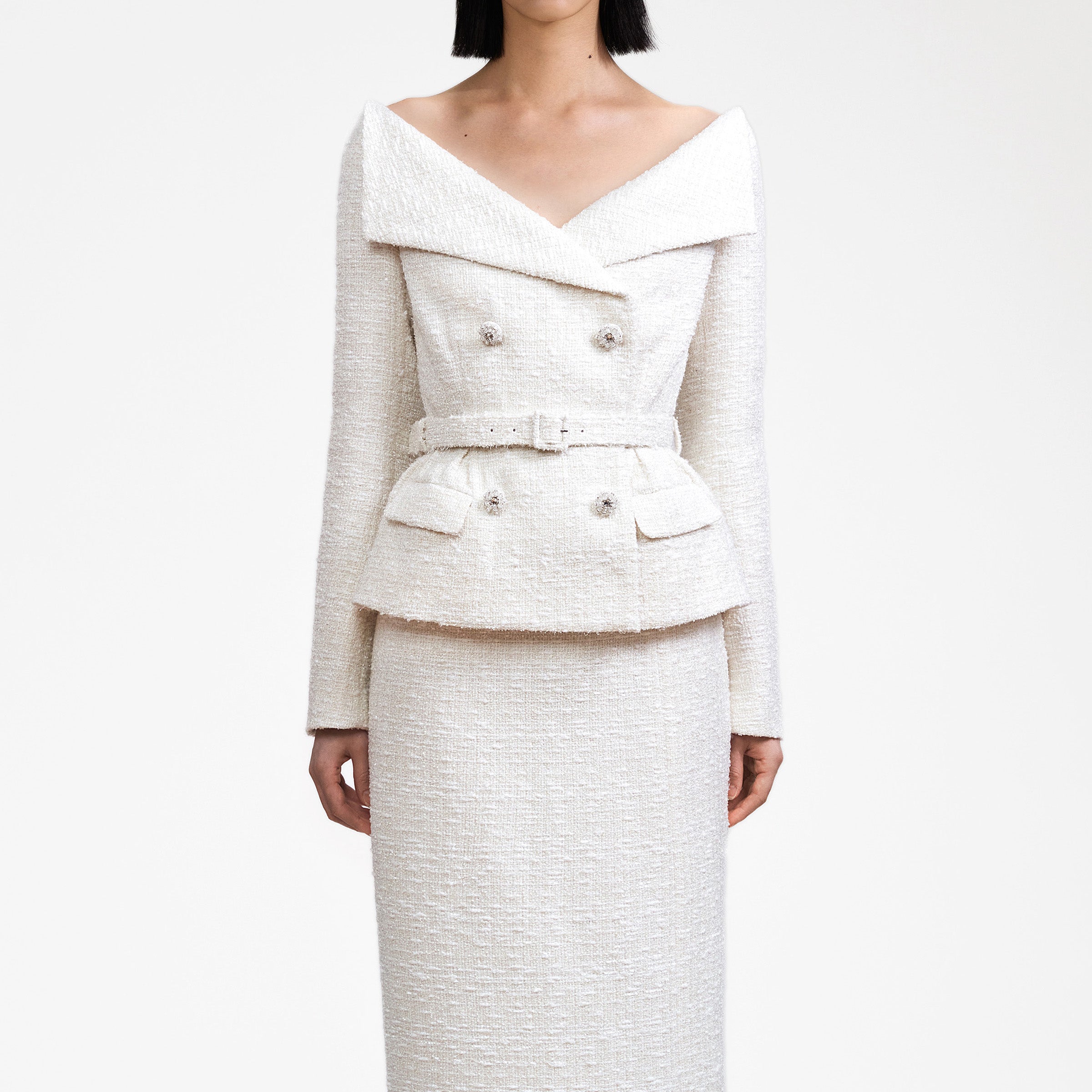 cream off the shoulder dress self-portrait - Cream Off Shoulder Boucle Midi Dress