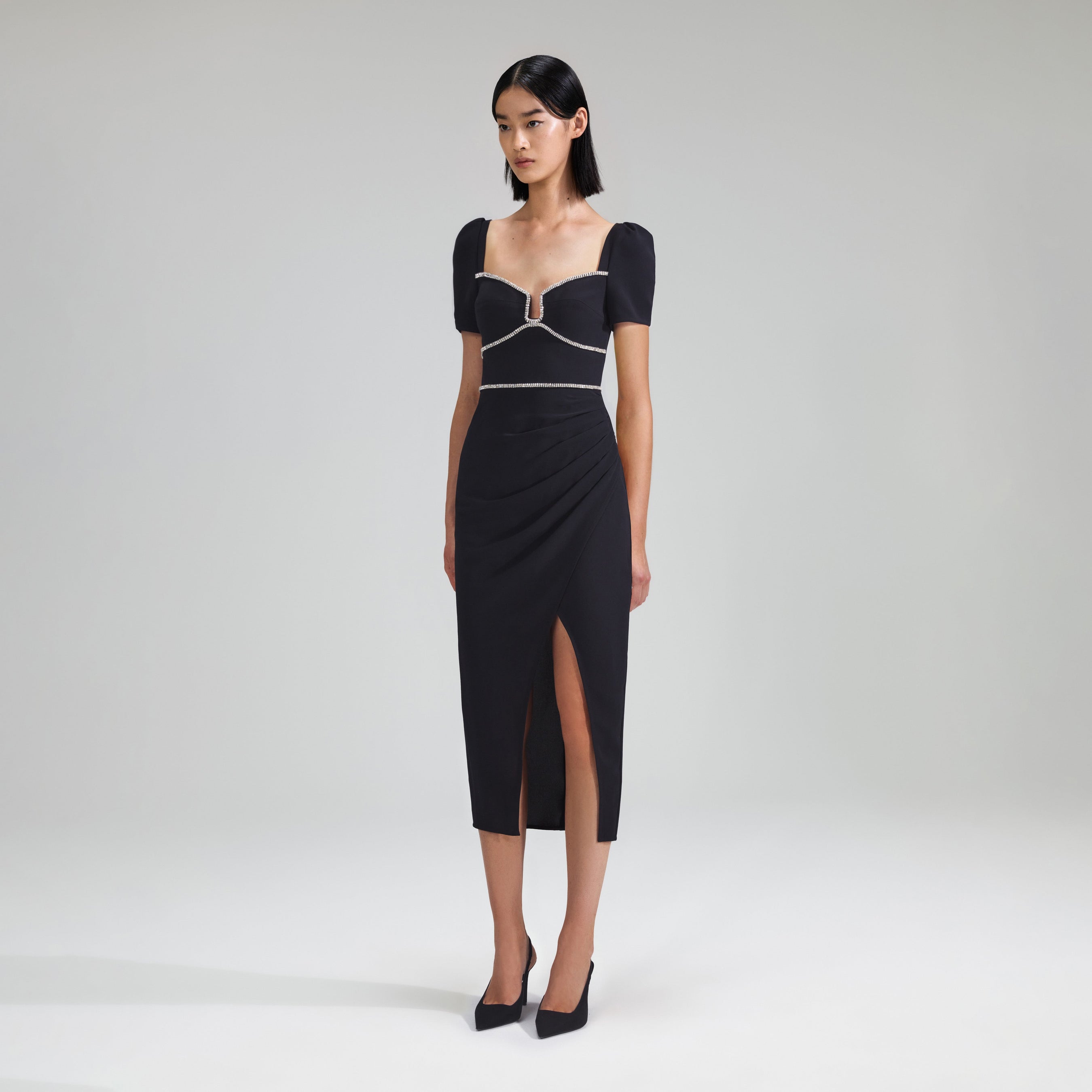 Black Crepe Diamante Trim Midi Dress