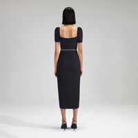 Black Crepe Diamante Trim Midi Dress