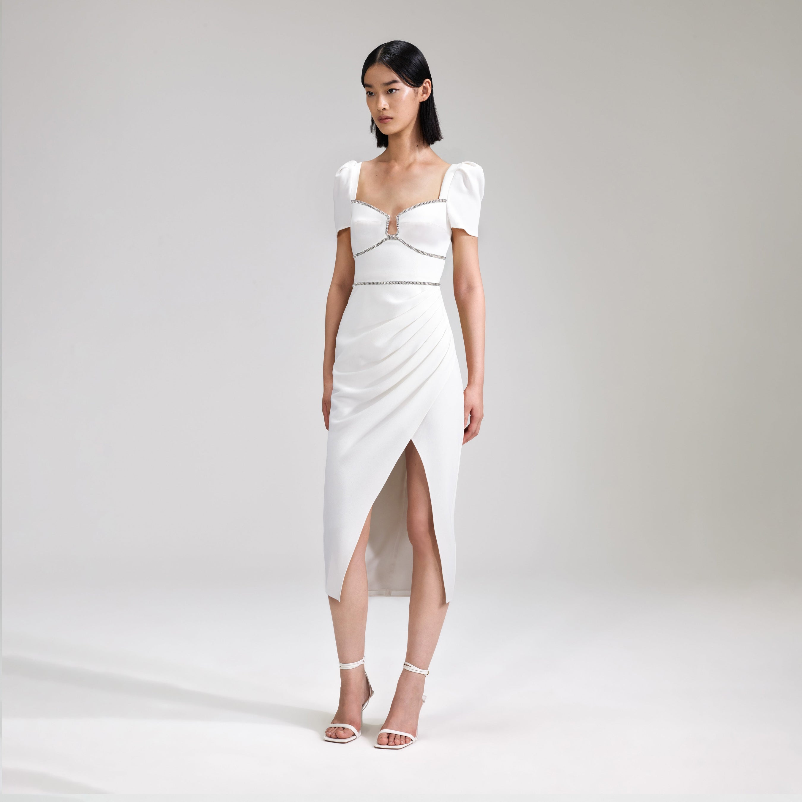 White Crepe Diamante Midi Dress