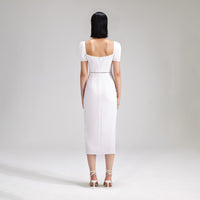 White Crepe Diamante Midi Dress