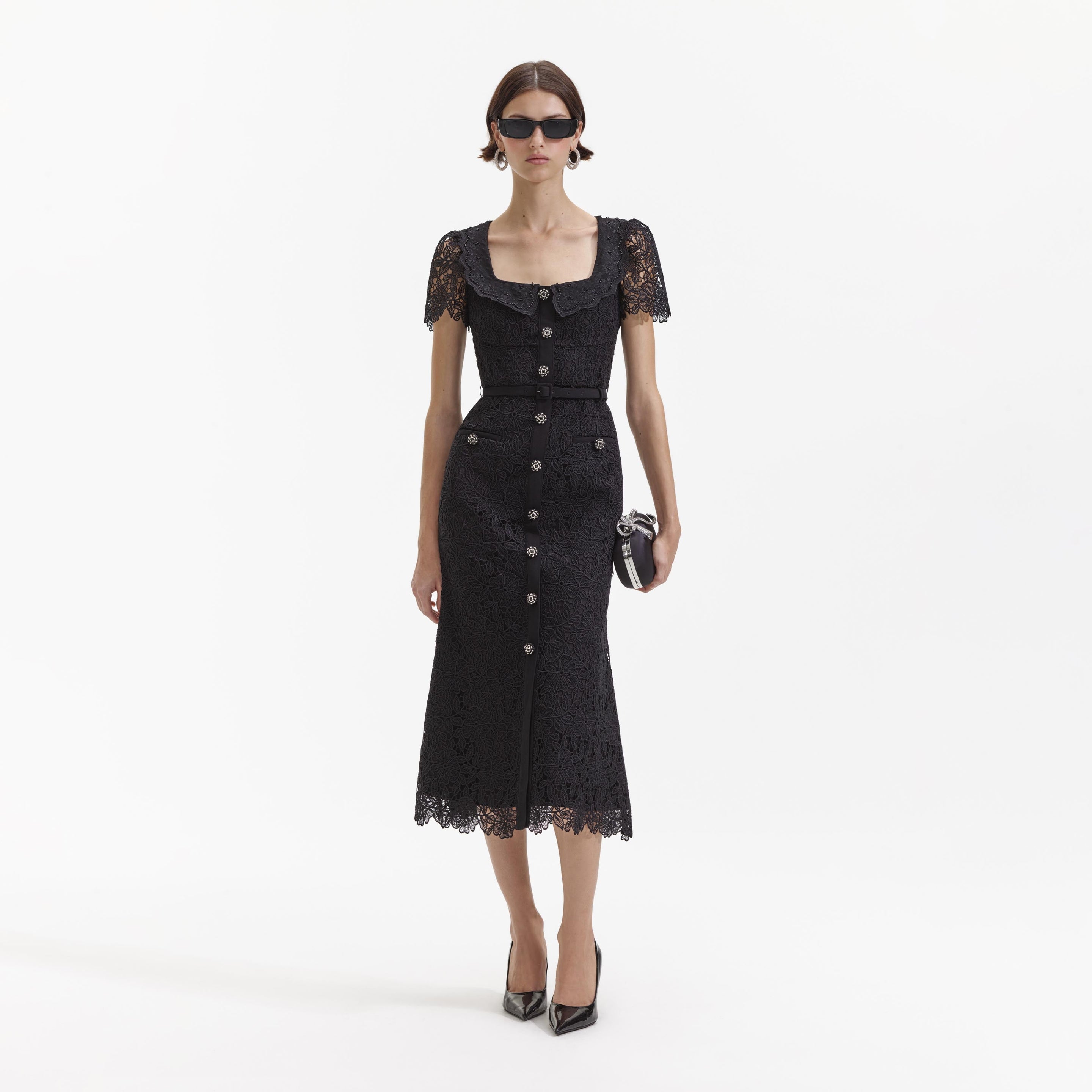 Black Guipure Lace Button Midi Dress – self-portrait-US