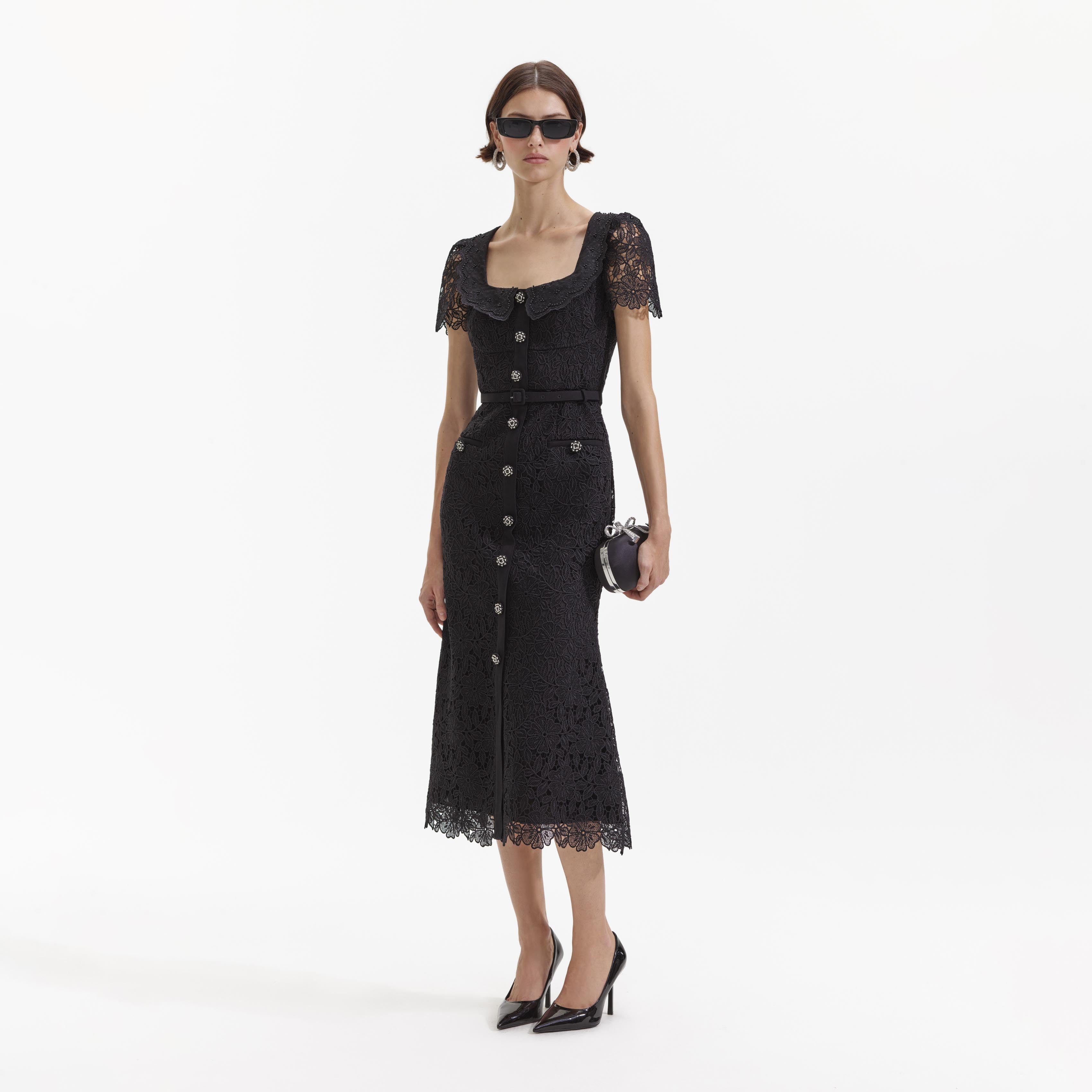 Black Guipure Lace Button Midi Dress