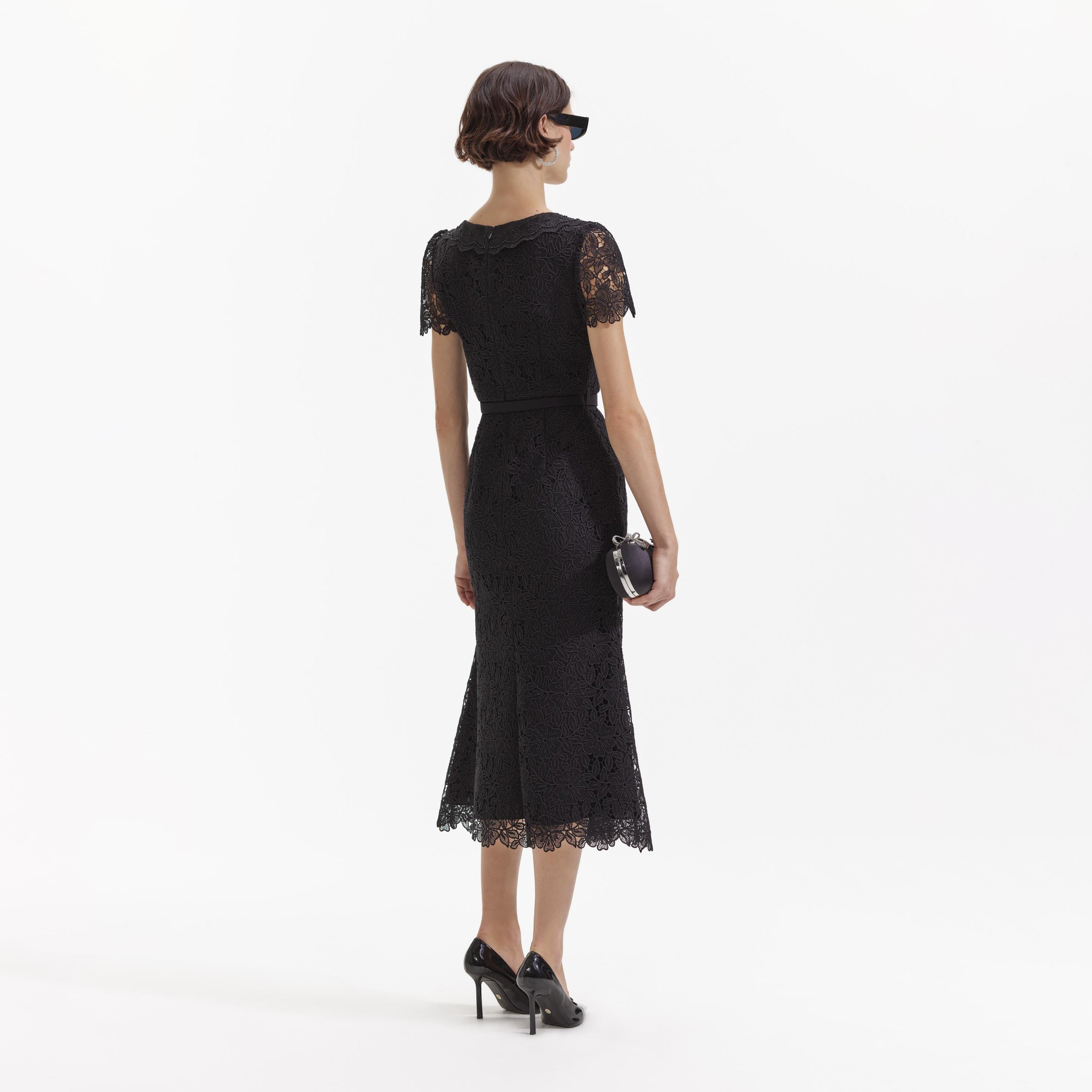 Black Guipure Lace Button Midi Dress self-portrait-US Black Guipure Lace Button Midi Dress self-portrait-US