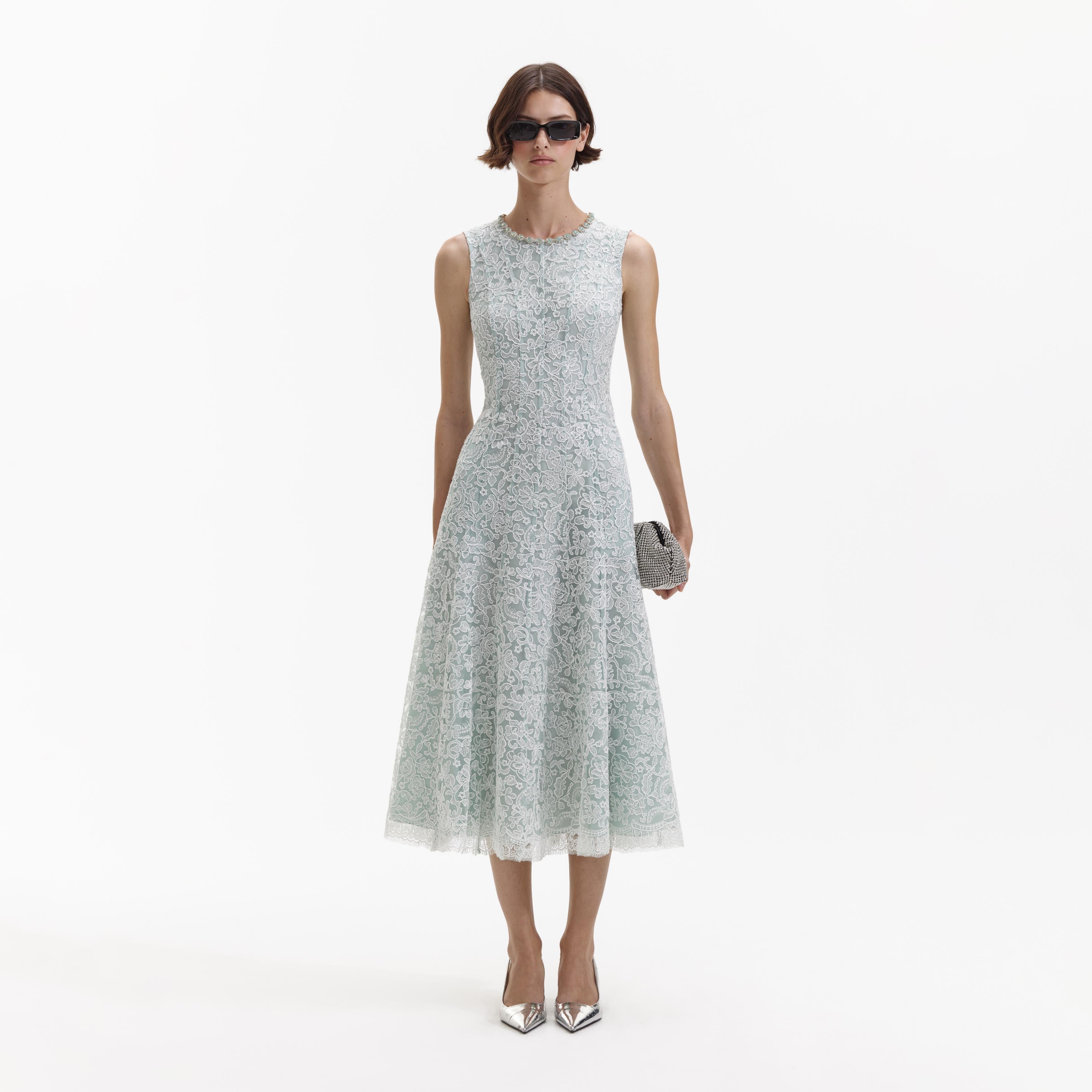 Green Cord Lace Round Neck Midi Dress