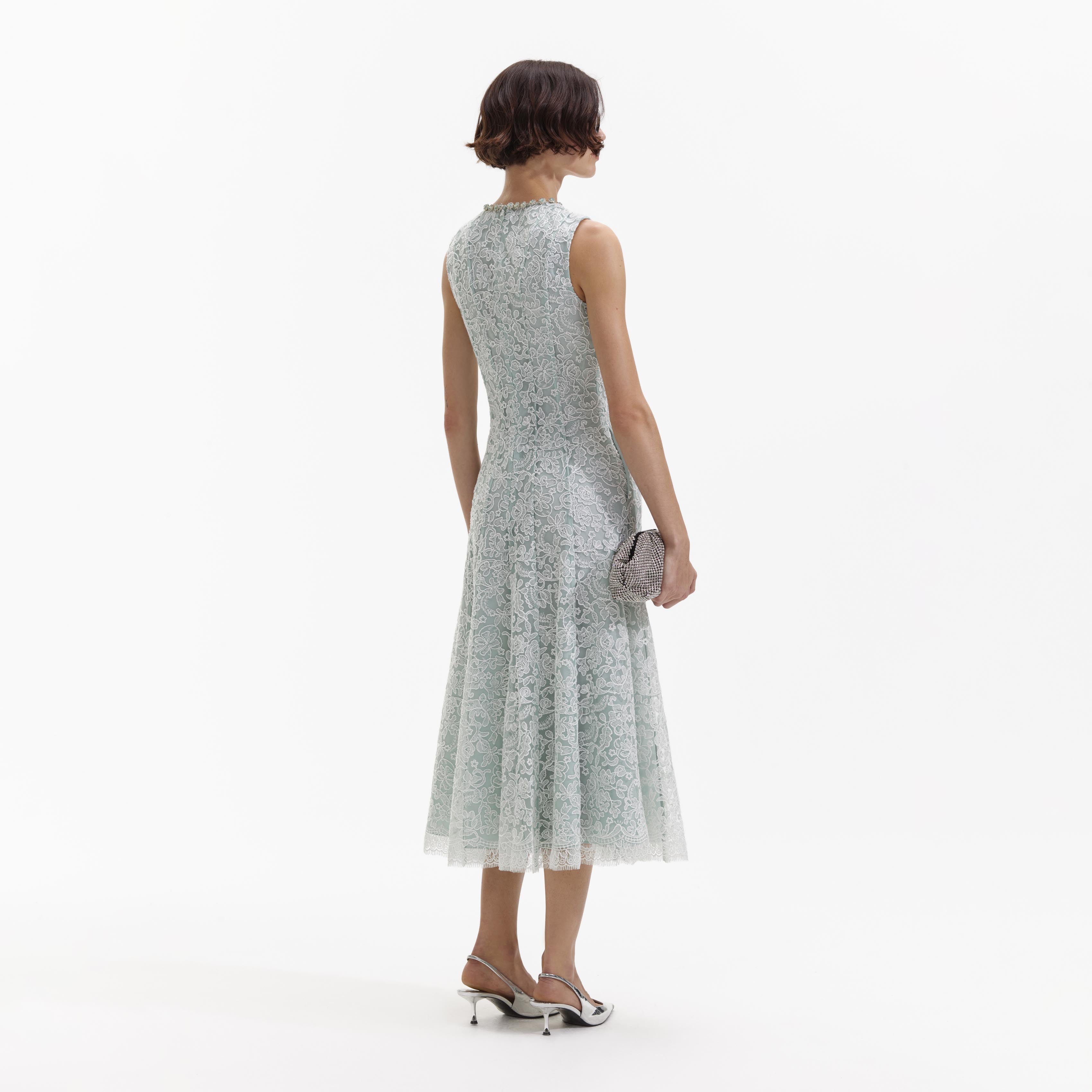 Green Cord Lace Round Neck Midi Dress