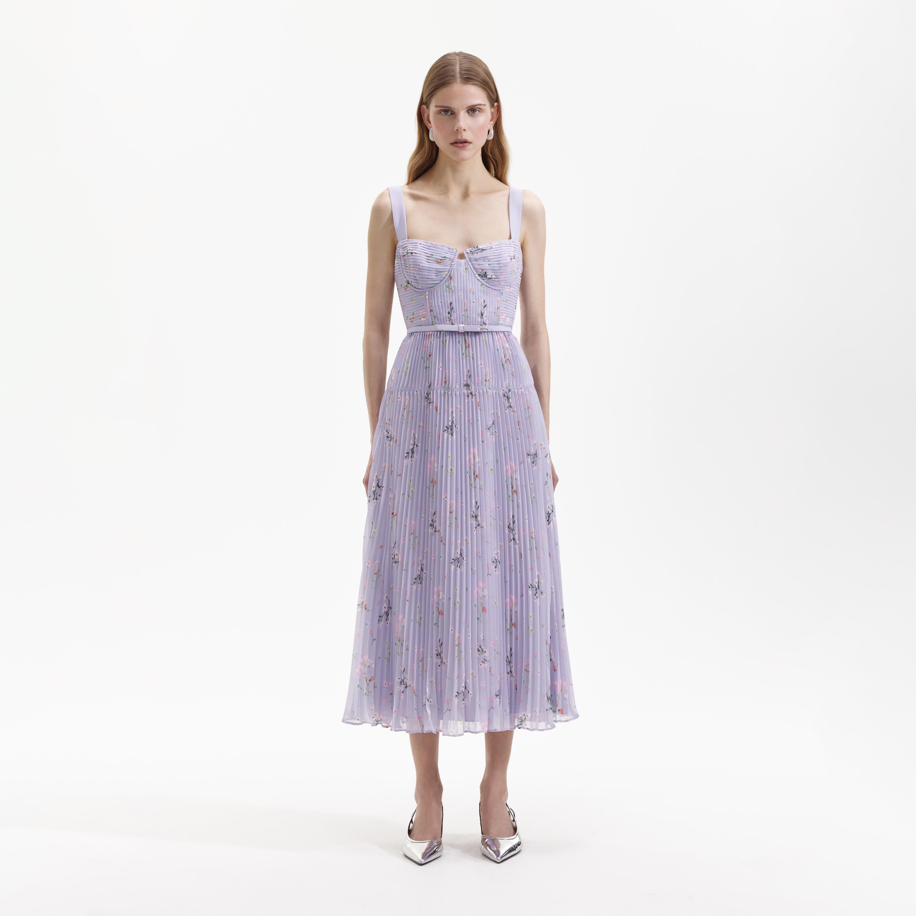 Lilac Floral Chiffon Midi Dress – self-portrait-US