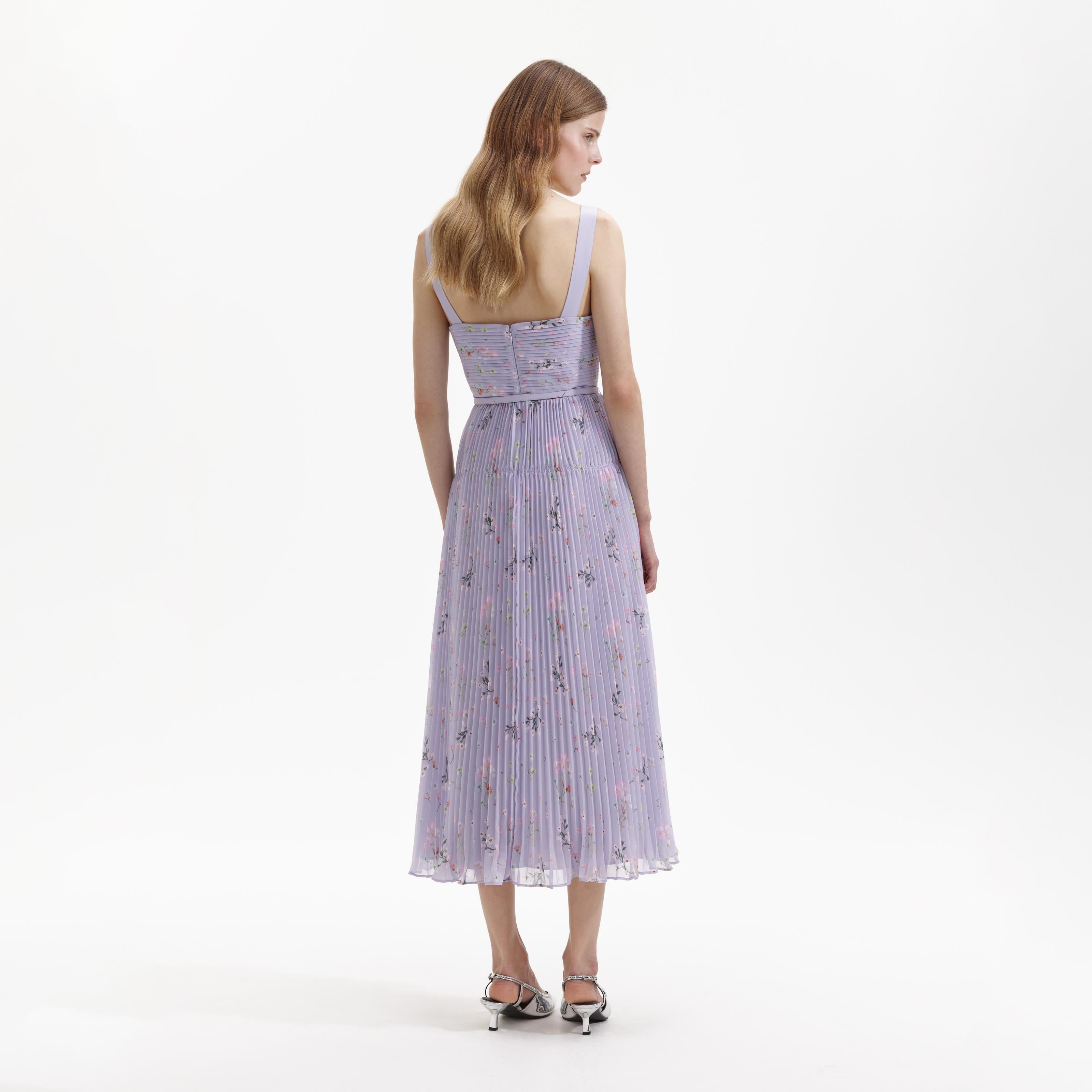 Shops Lilac Purple 3 Piece Summer Midi Chiffon Dress with Ruffle Detail and Long Sleeves | Modest Light Purple Midi Dress w Matching Slip and Belt