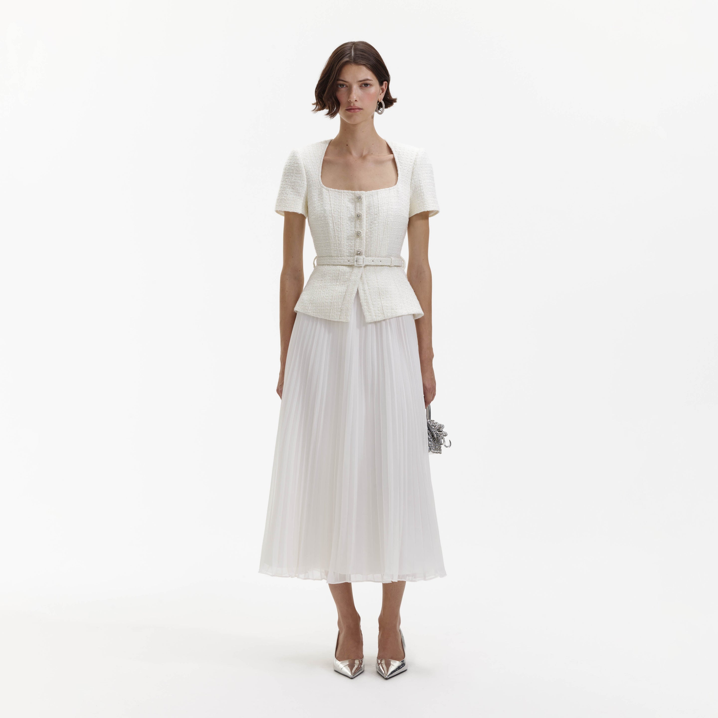 Cream Tailored Bouclé And Chiffon Midi Dress – self-portrait-US