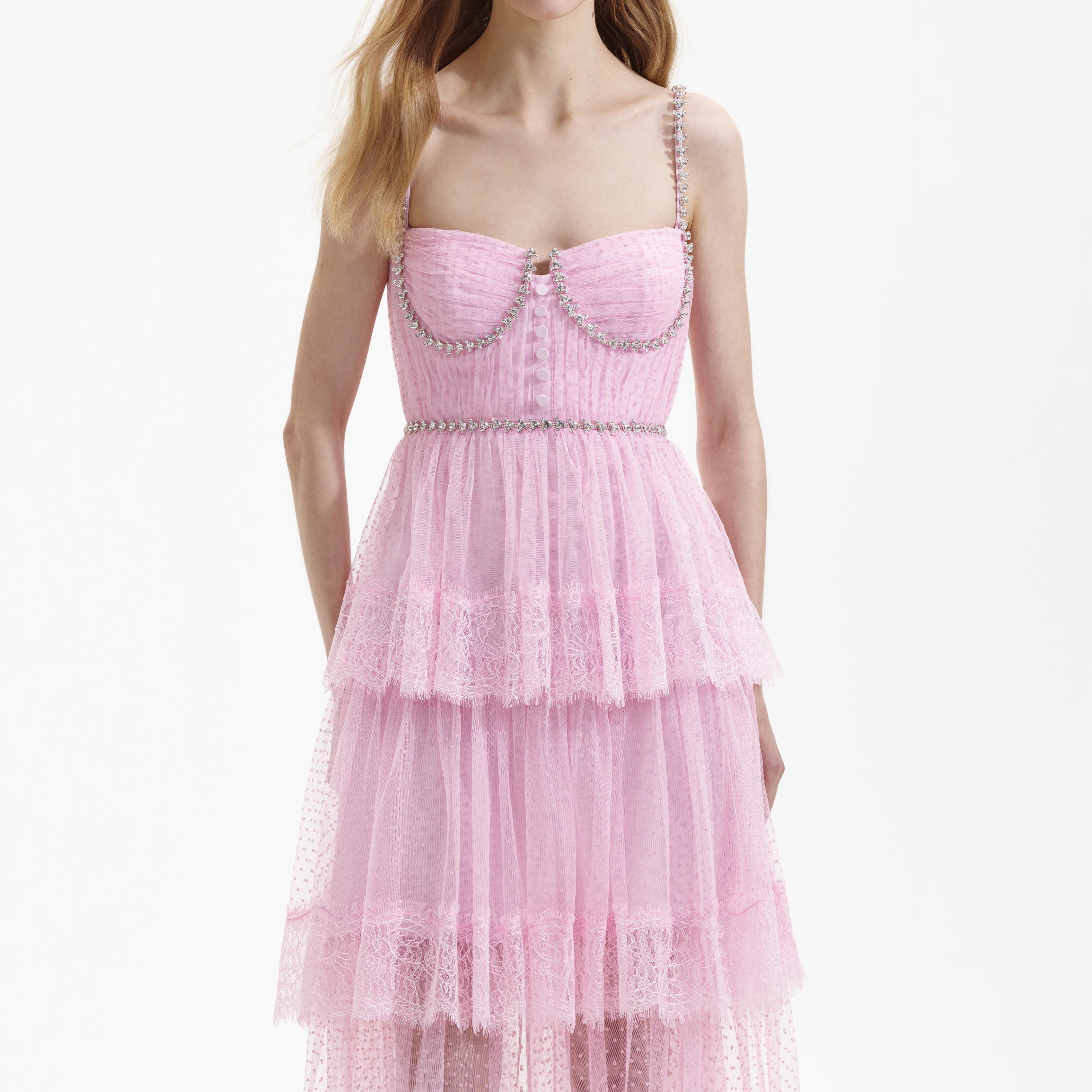 ワンピース princess merilot Pink Crepe Pearl Trim Midi Dress – self-portrait-US