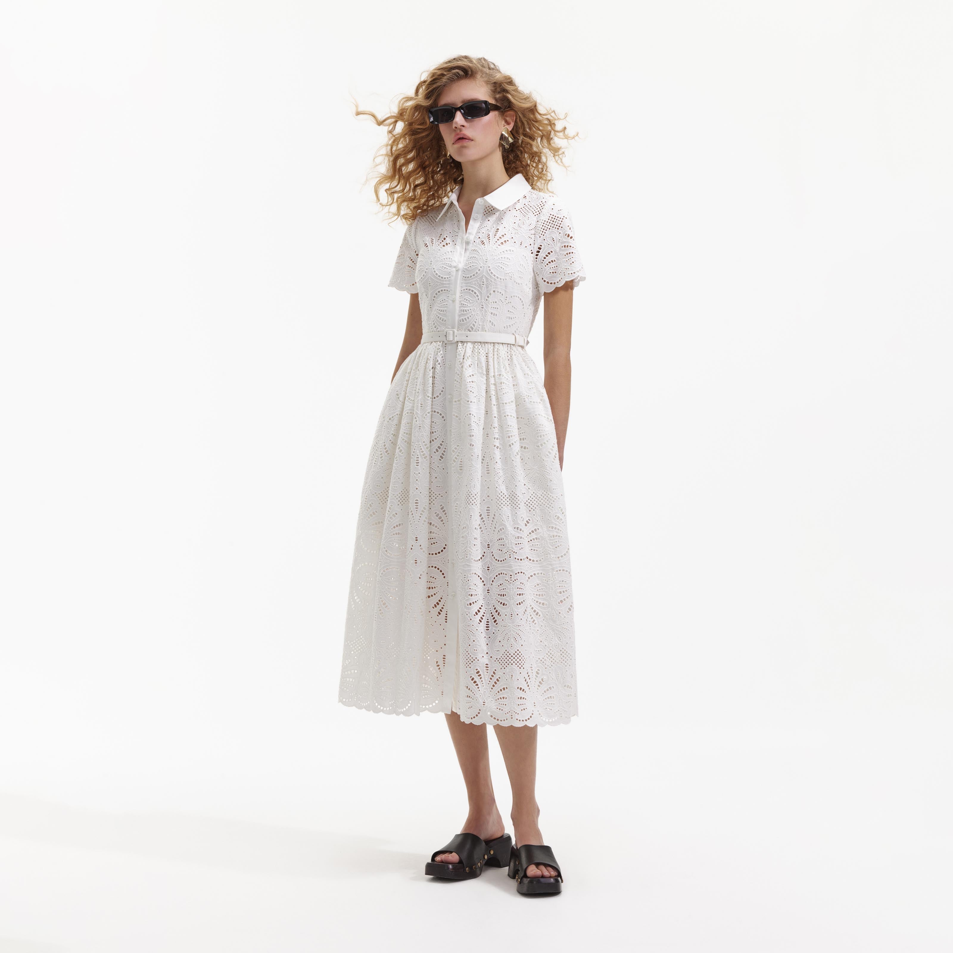 White Cotton Embroidery Midi Dress – self-portrait-US