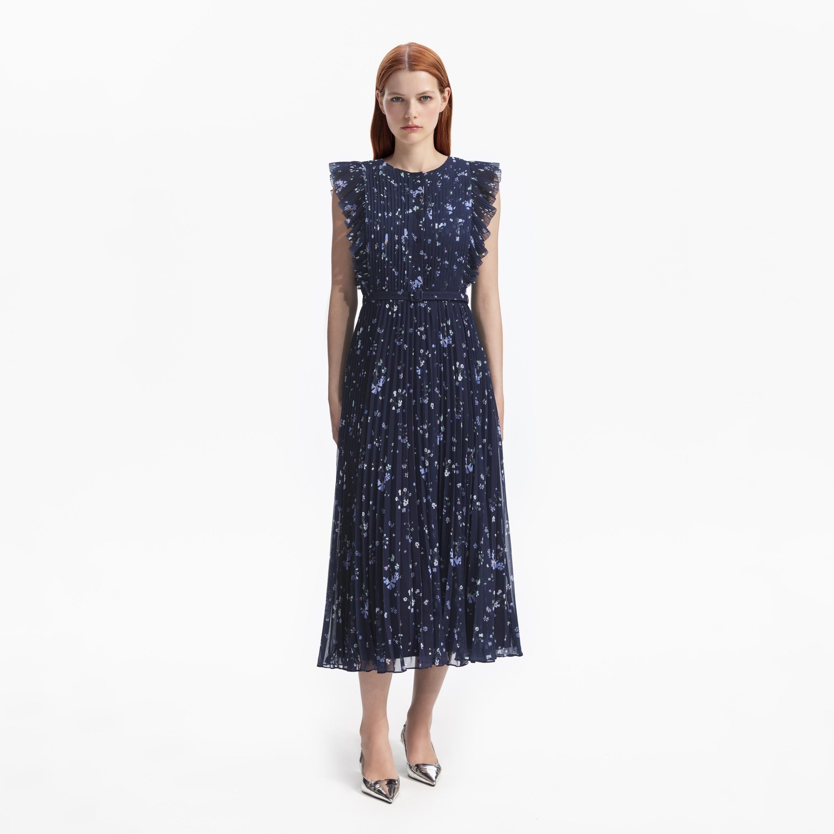 Navy Floral Chiffon Midi Dress