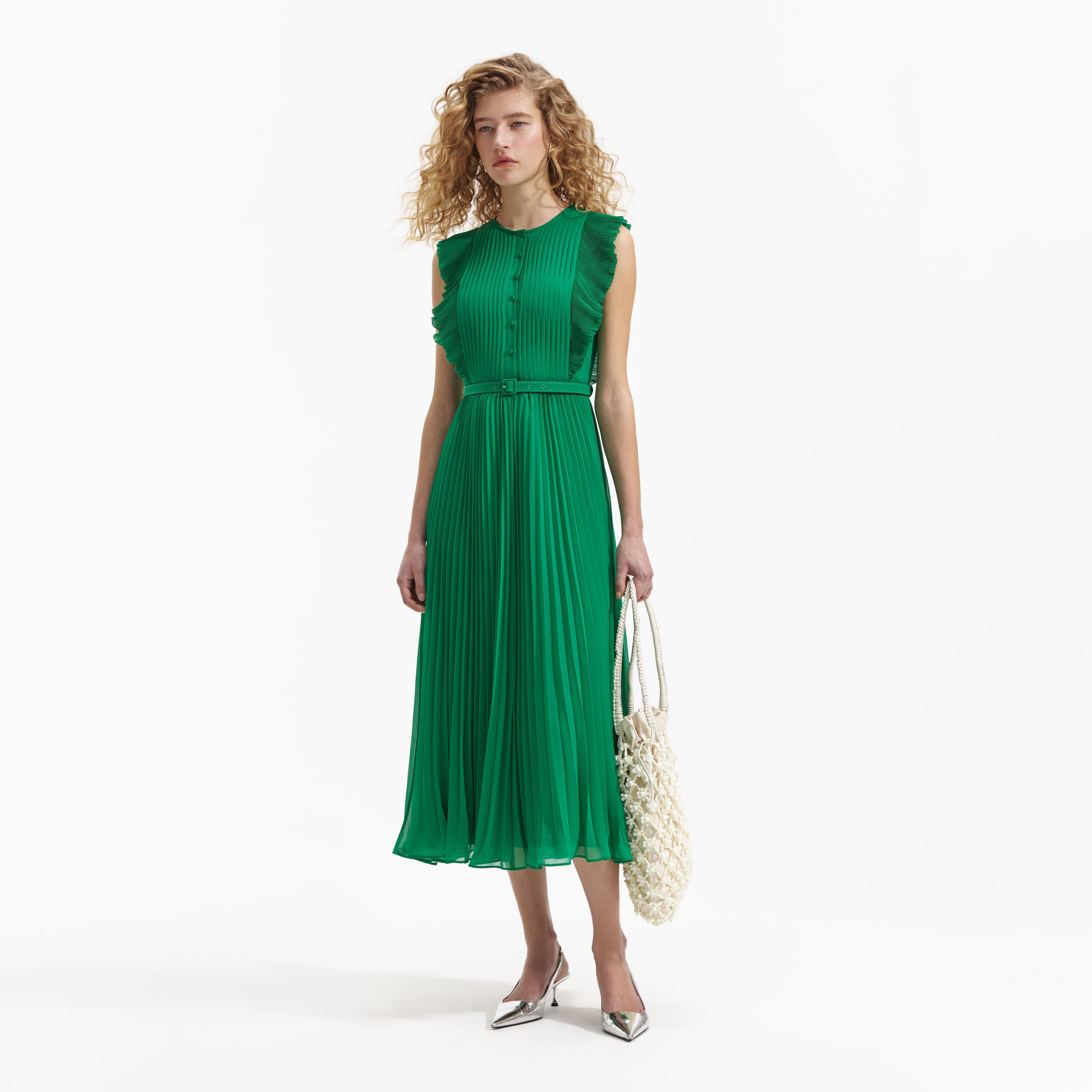 Green Chiffon Sleeveless Ruffle Midi Dress self portrait US