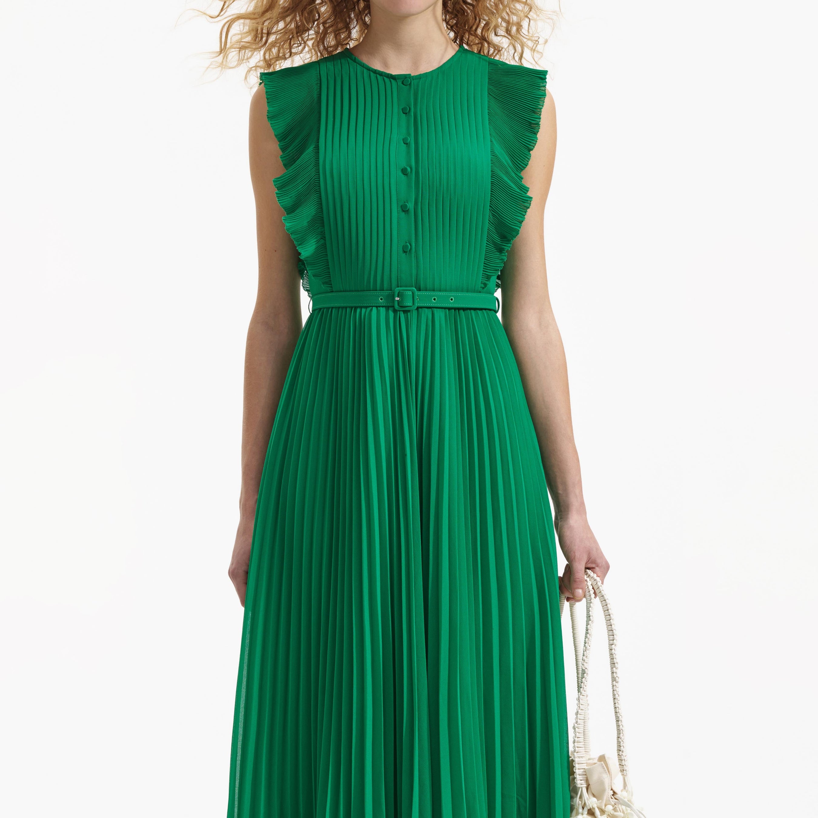 Green Chiffon Sleeveless Ruffle Midi Dress