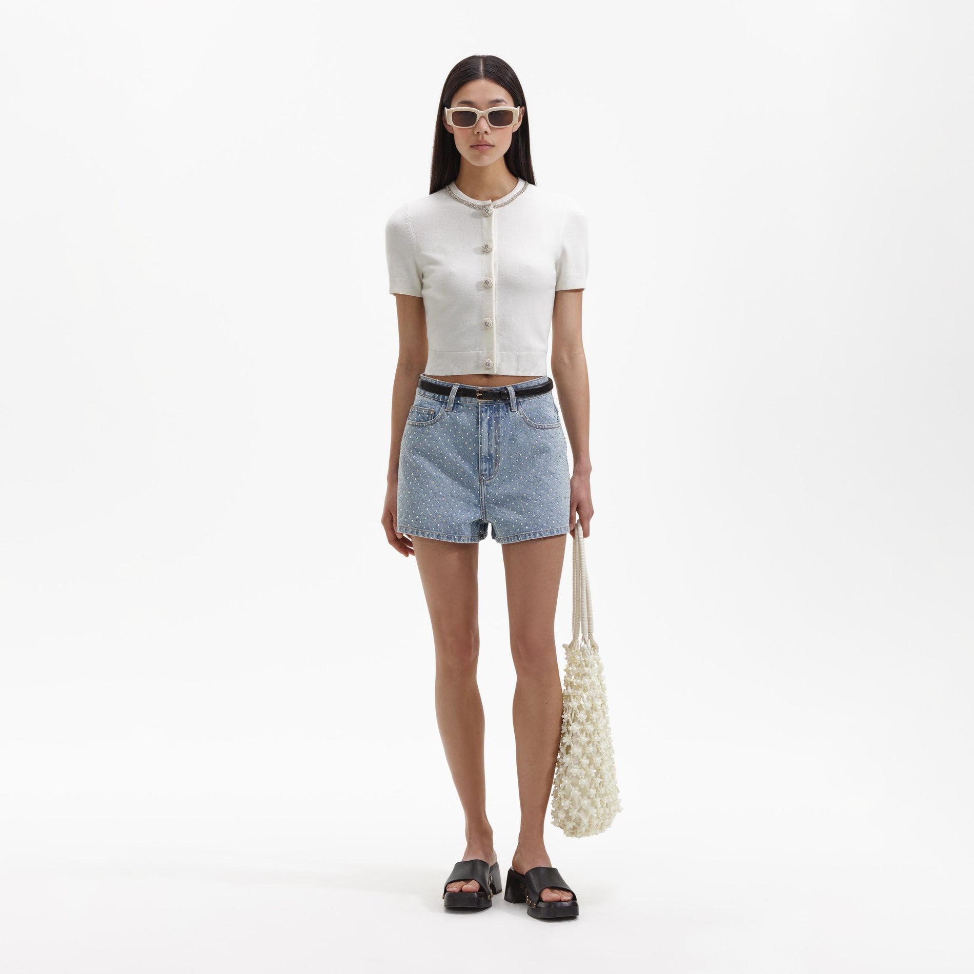 Embellished corded lace crop top in white - Self Portrait