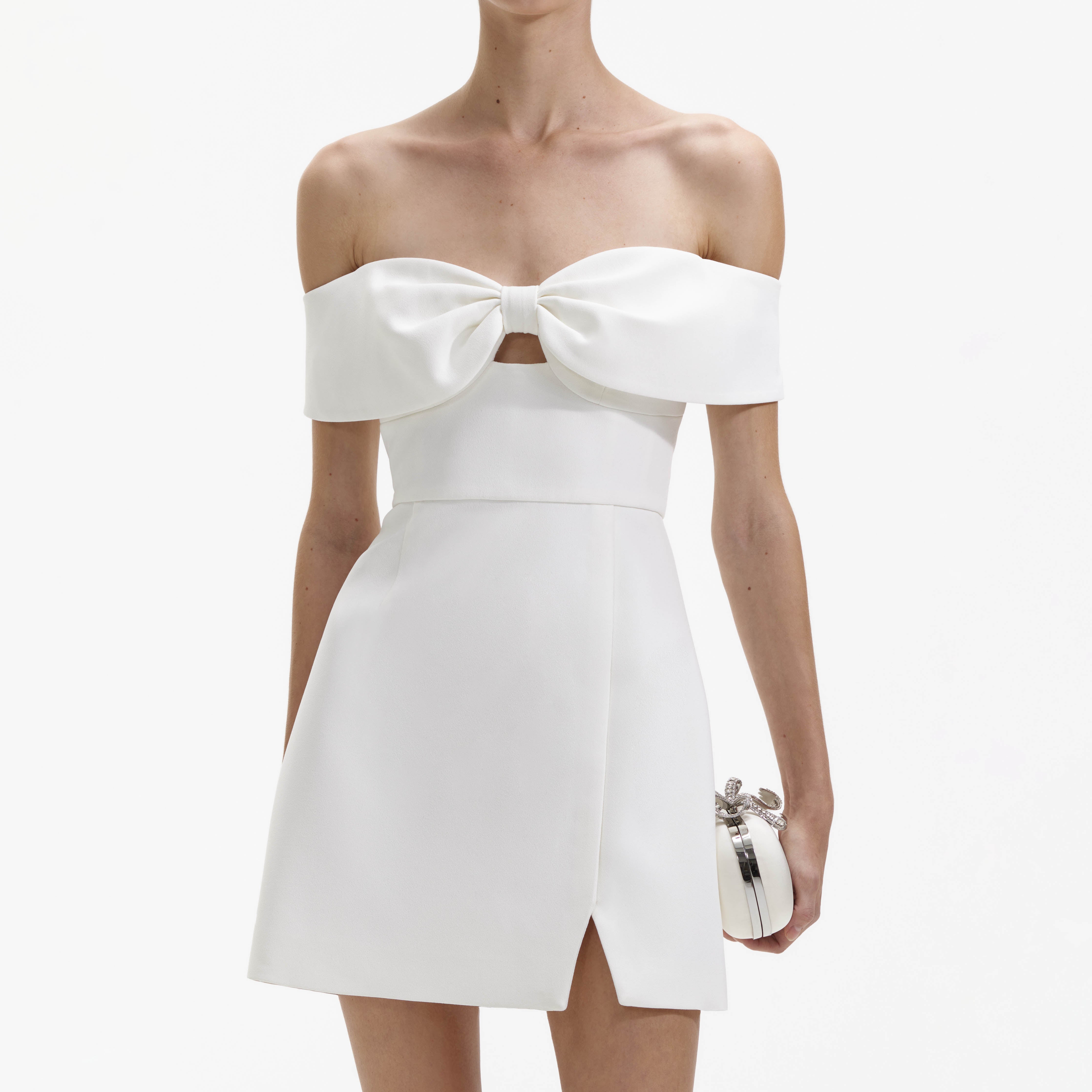 White Bow Crepe Mini Dress – self-portrait-US