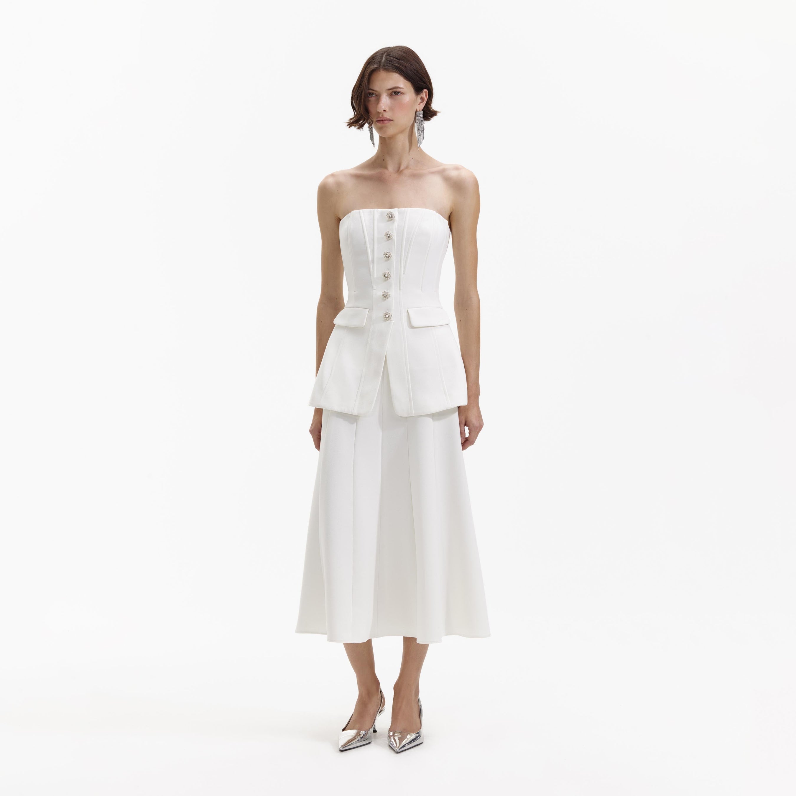 White Bandeau Crepe Midi Dress