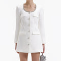 White Crepe Diamante Trim Mini Dress