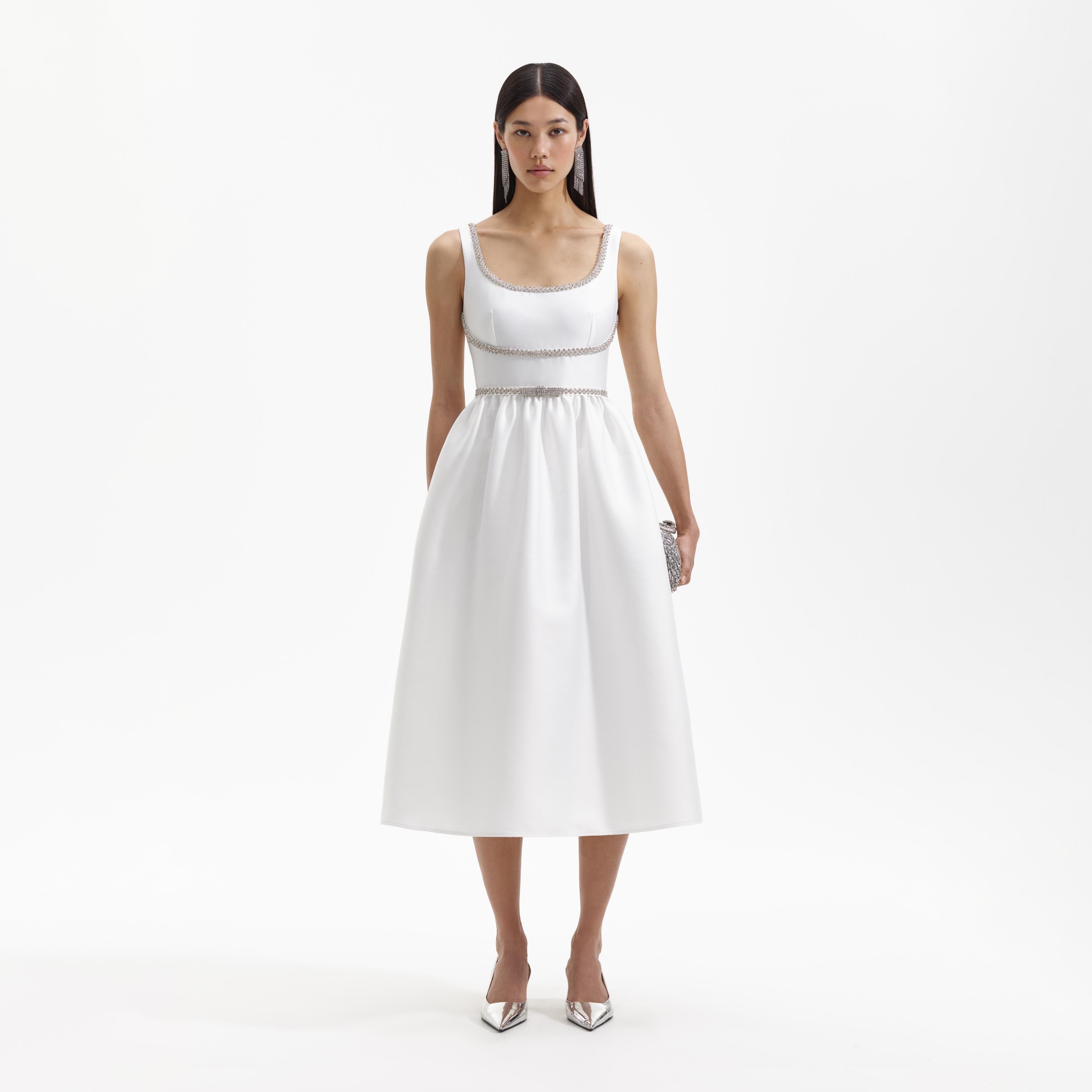 Self Portrait White Taffeta Diamante Bow Midi Dress US 0