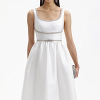 White Taffeta Diamante Bow Midi Dress