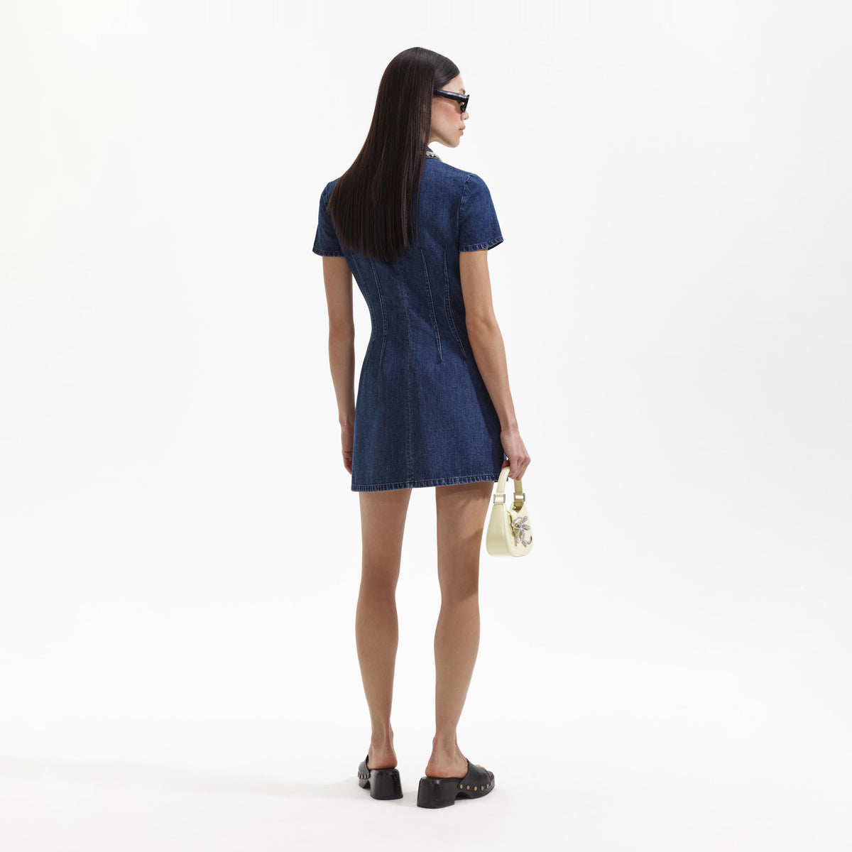 tailored denim mini dress self portrait Self-Portrait Denim Crystal Trim Collared Mini Dress